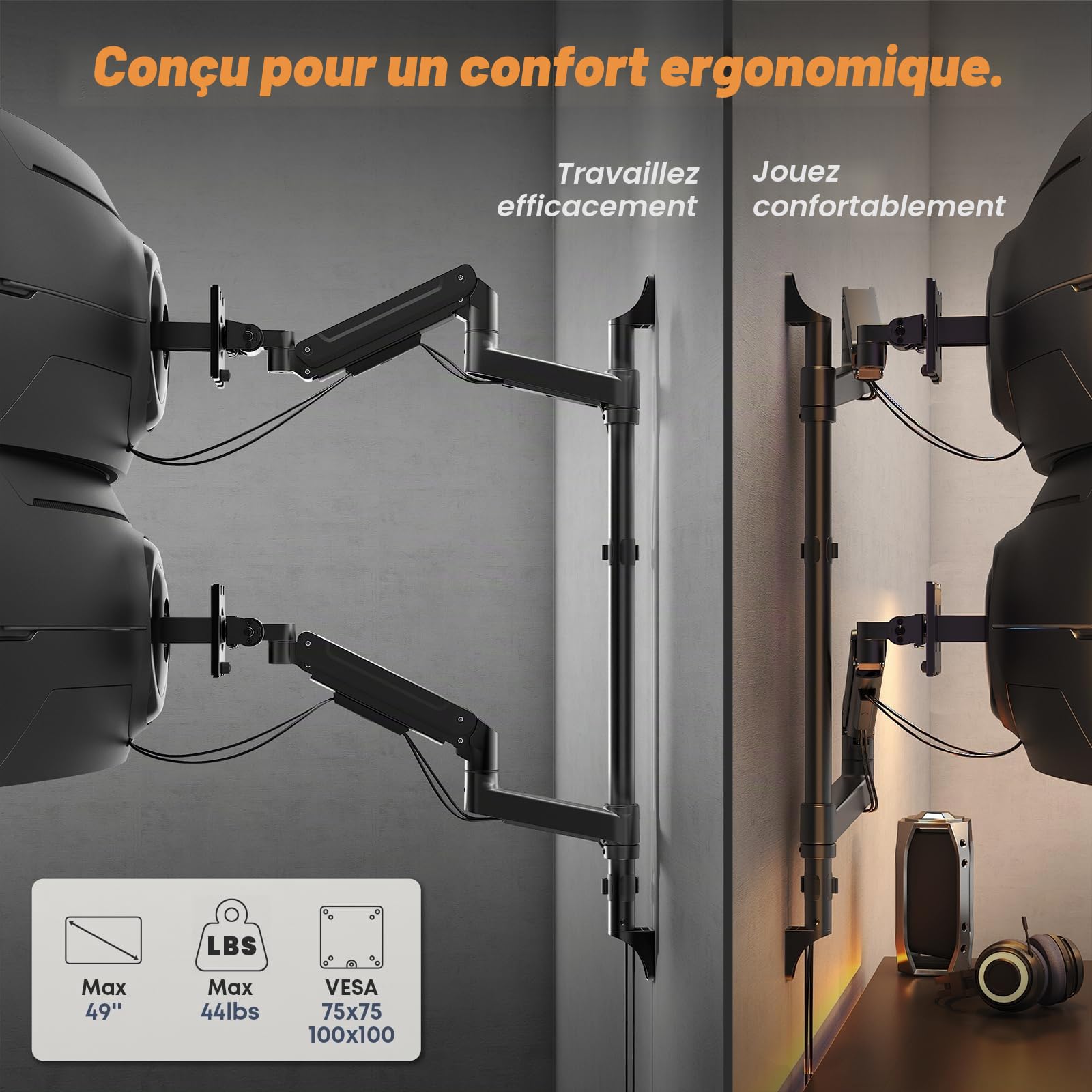 PUTORSEN Support Mural Double Bras pour écrans 17-49 Pouces, Bras Articulé Réglable à Ressort à Gaz,Charge Max 20kg par Bras,VESA 75x75/100x100,Solution Gain de Place pour Bureau et Maison, Noir