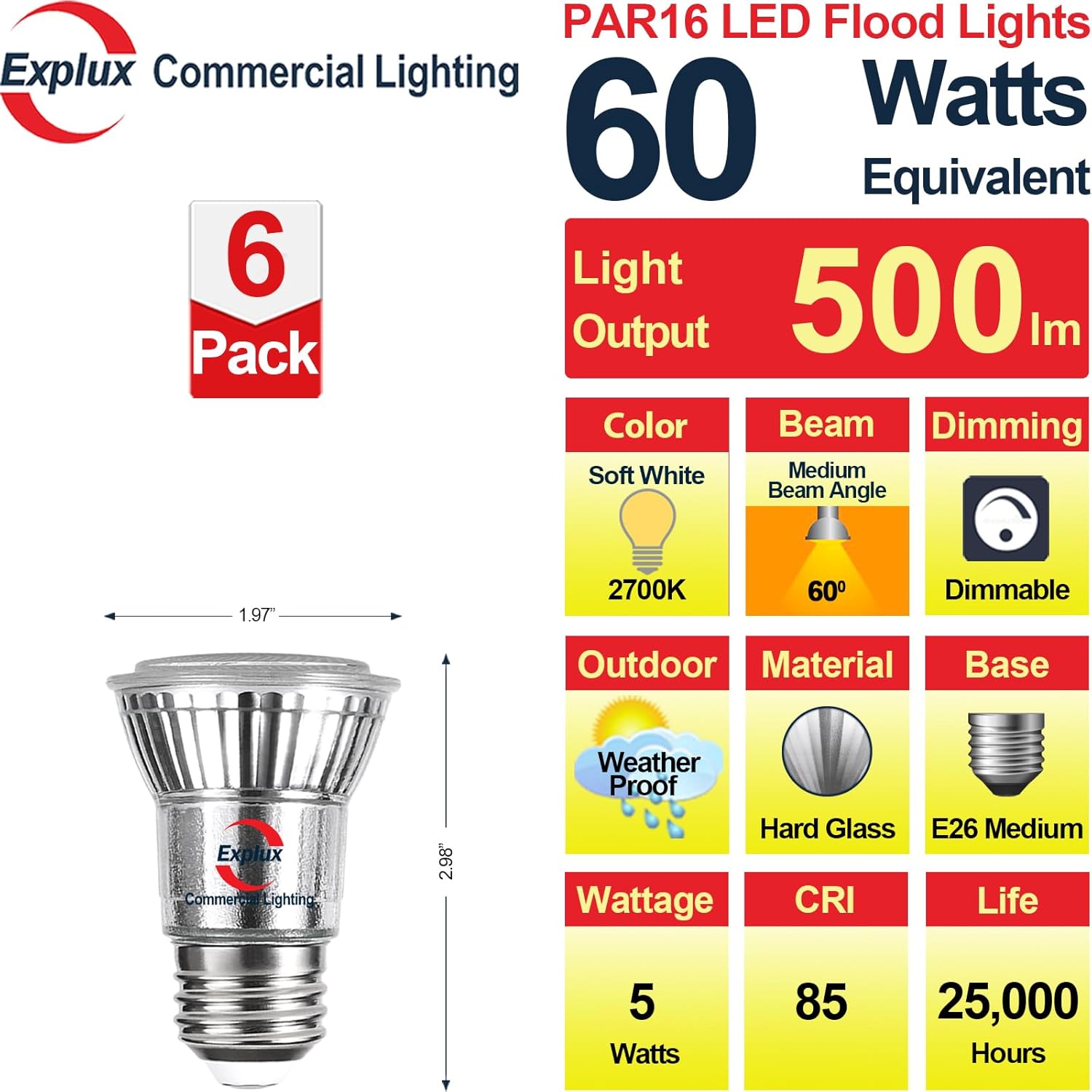 Explux Commercial-Grade LED PAR16 Long Neck Spotlight Bulbs, Dimmable, 60W Equivalent 500 Lumens, Classic Full Glass, 2700K Soft White, 6-Pack