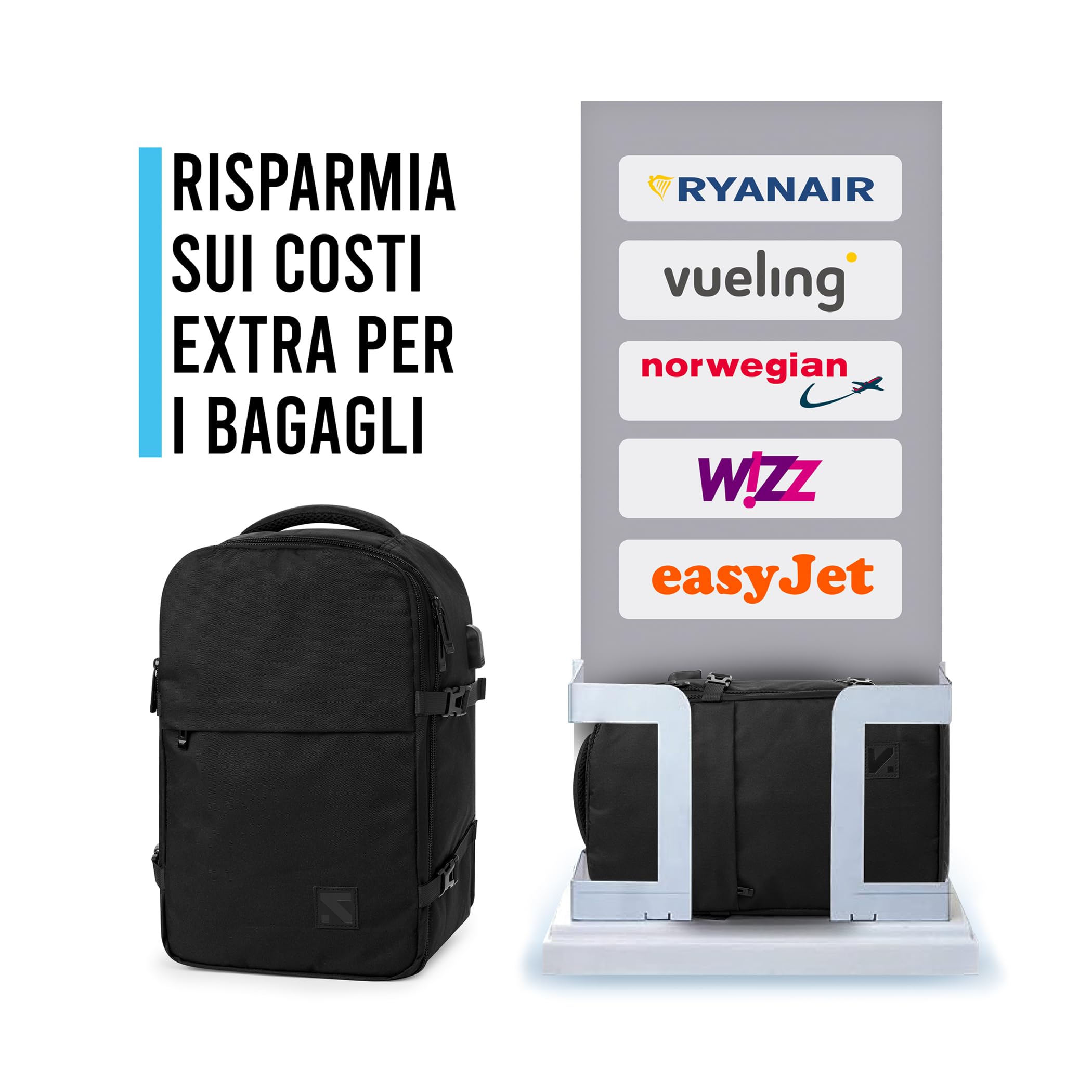 Snito Zaino Ryanair 40x20x25, Bagaglio a mano Ultraleggero con Porta USB per PC,Impermeabile e pieghevole,Zaino con Scomparto pc,Scarpe,Easyjet,Wizzair (BASIC, BLACK, 40 X20 X 25 CM)