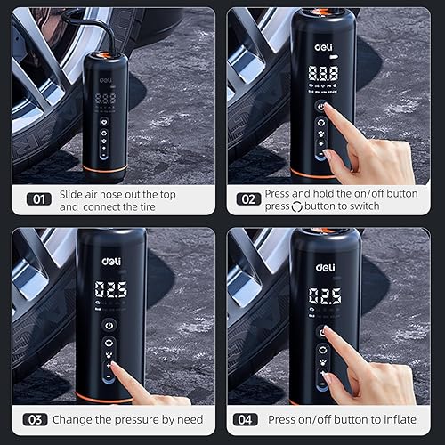 Miniatura 6 de Deli Compresor de aire portátil para inflado de neumáticos, bomba de bicicleta inalámbrica 2 veces más rápida, bomba de neumáticos de 150 PSI para