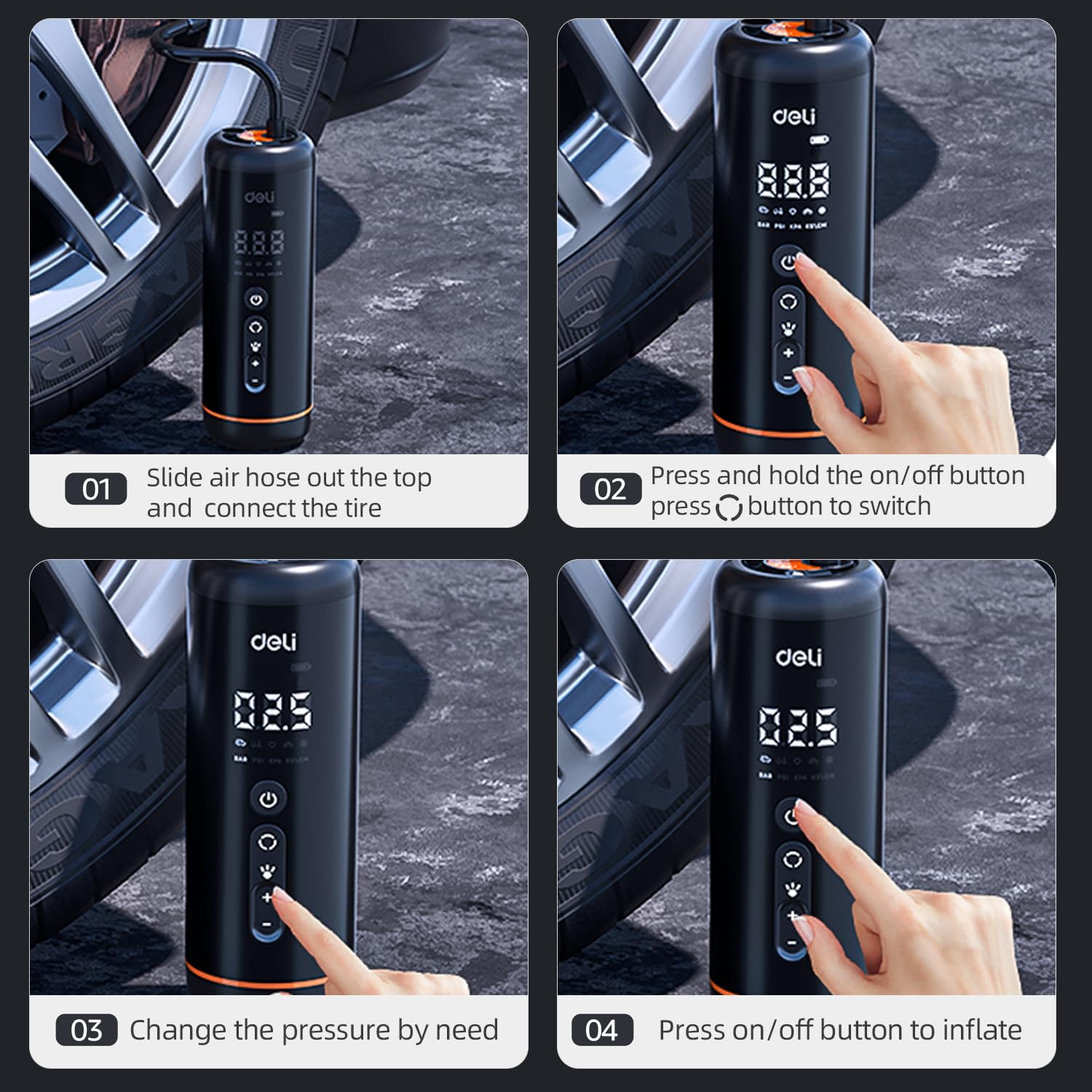 Deli Compresseur d'air portable sans fil avec batterie de 5400 mAh, pompe à pneu de 150 PSI pour pneus de voiture, moto et vélos avec double écran LED, noir