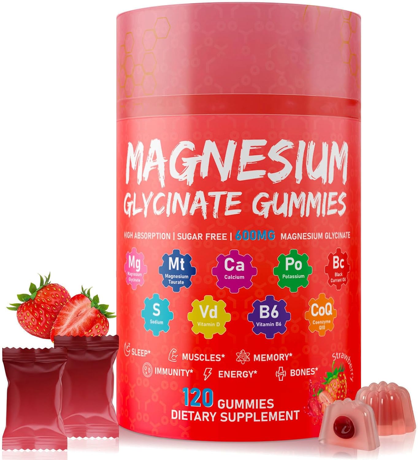 Magnesium Glycinate Gummies 600mg, High Absorption Magnesium Glycinate Complex for Women & Men, Pure Magnesium Relax Gummies for Stress & Muscle – Vegan, Sugar Free & Non-GMO, Strawberry, 120 Count