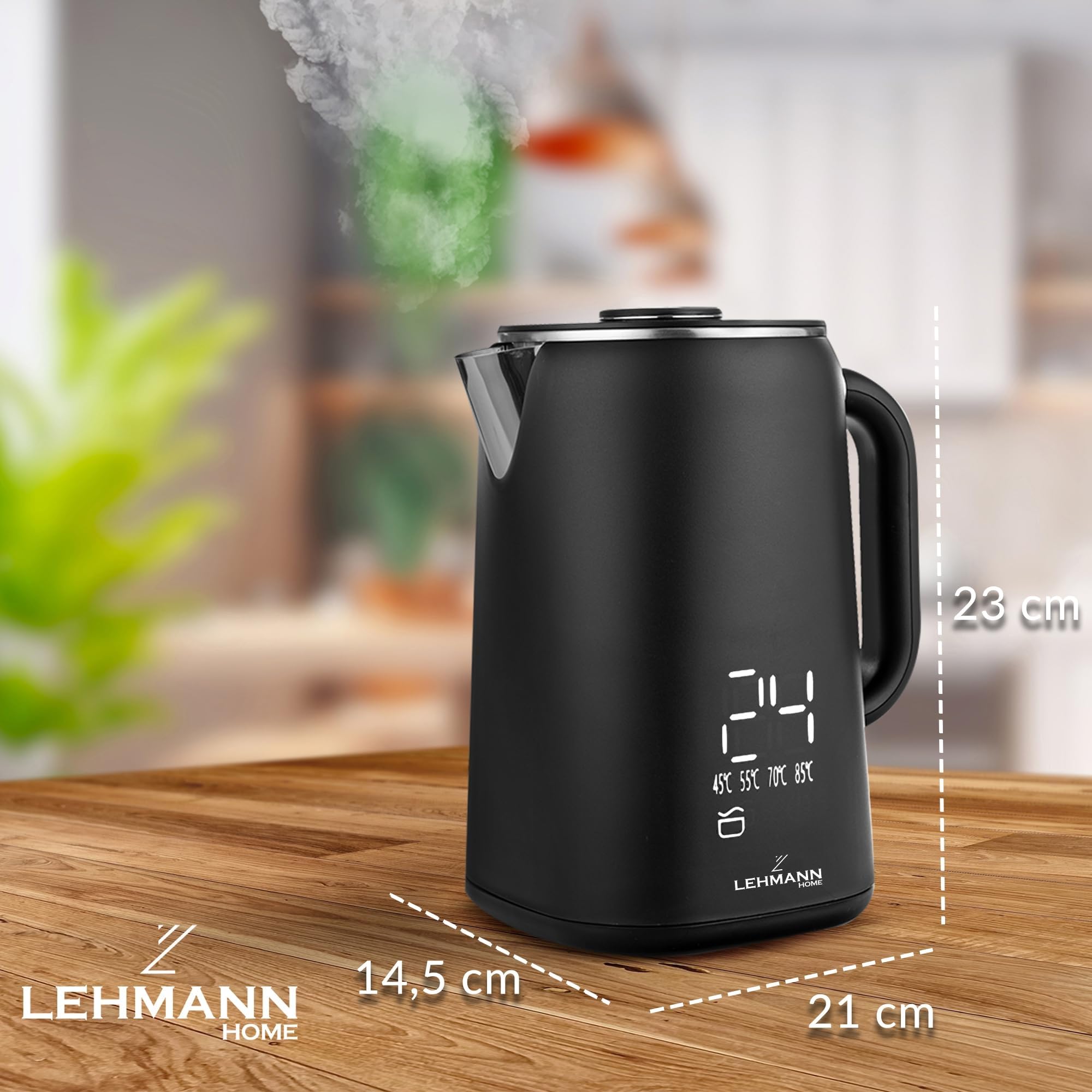 LEHMANN Bollitore Elettrico con Temperatura Regolabile 45-100°C, Capacità 1,7 L, Interno in Acciaio Inox senza BPA, Base Girevole 360°, Doppia Parete, Display Touch, per Famiglia e Ufficio, Nero