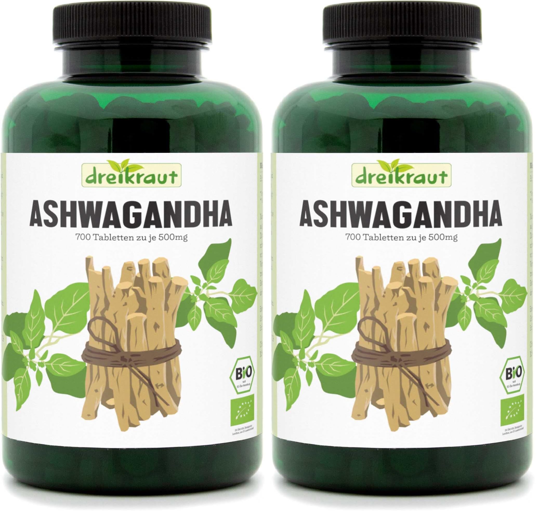 Bio-Ashwaganda von dreikraut, 100% reines Wurzelpulver, 2000 mg Tagesdosis, 700 Presslinge Tabletten, Vorrat für 175 Tage, frei von Zusätzen (Packung mit 2)