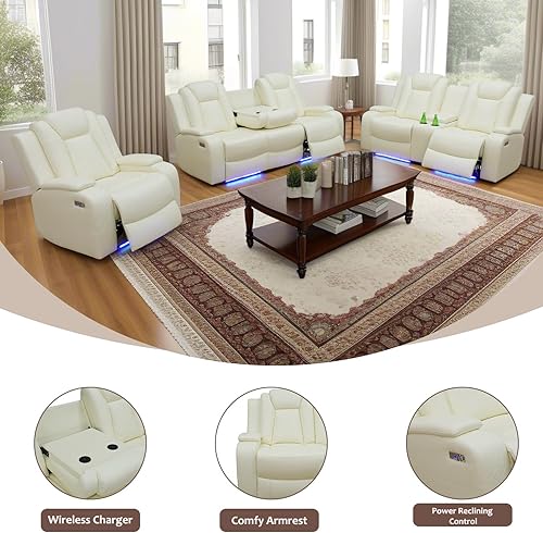 Miniatura 4 de Juego de sofá reclinable eléctrico para sala de estar, sofás reclinables de cuero blanco crema con puerto USB, sofá de cuero con sillón reclinable