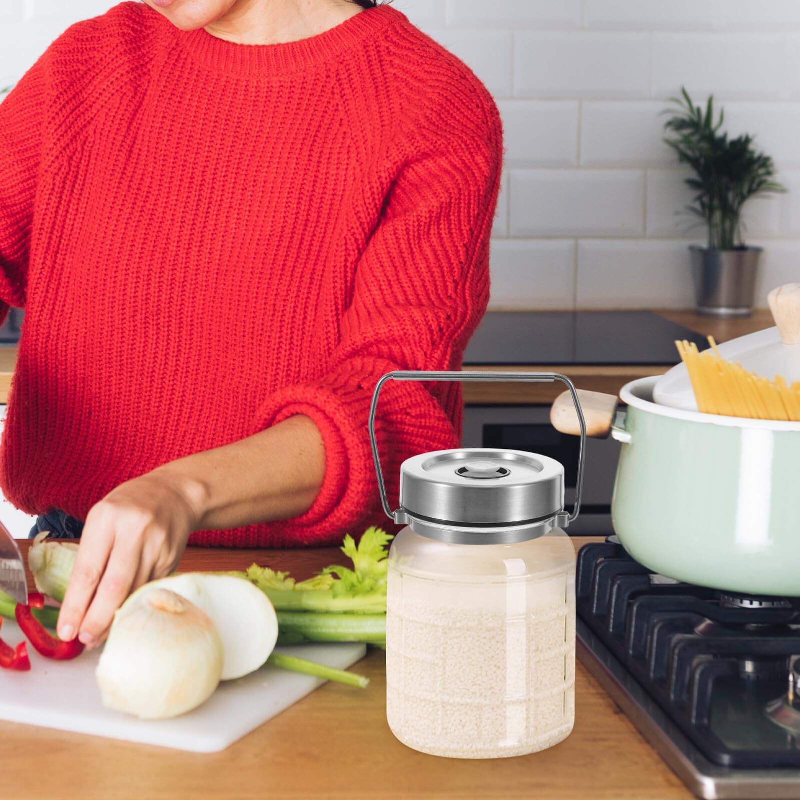 VICASKY Vaso per Fermentazione in Vetro con Valvola di Sfiato Automatica Contenitore Ermetico per Verdure Riso Spezie e Salse Barattolo Trasparente per Conservazione Alimentare