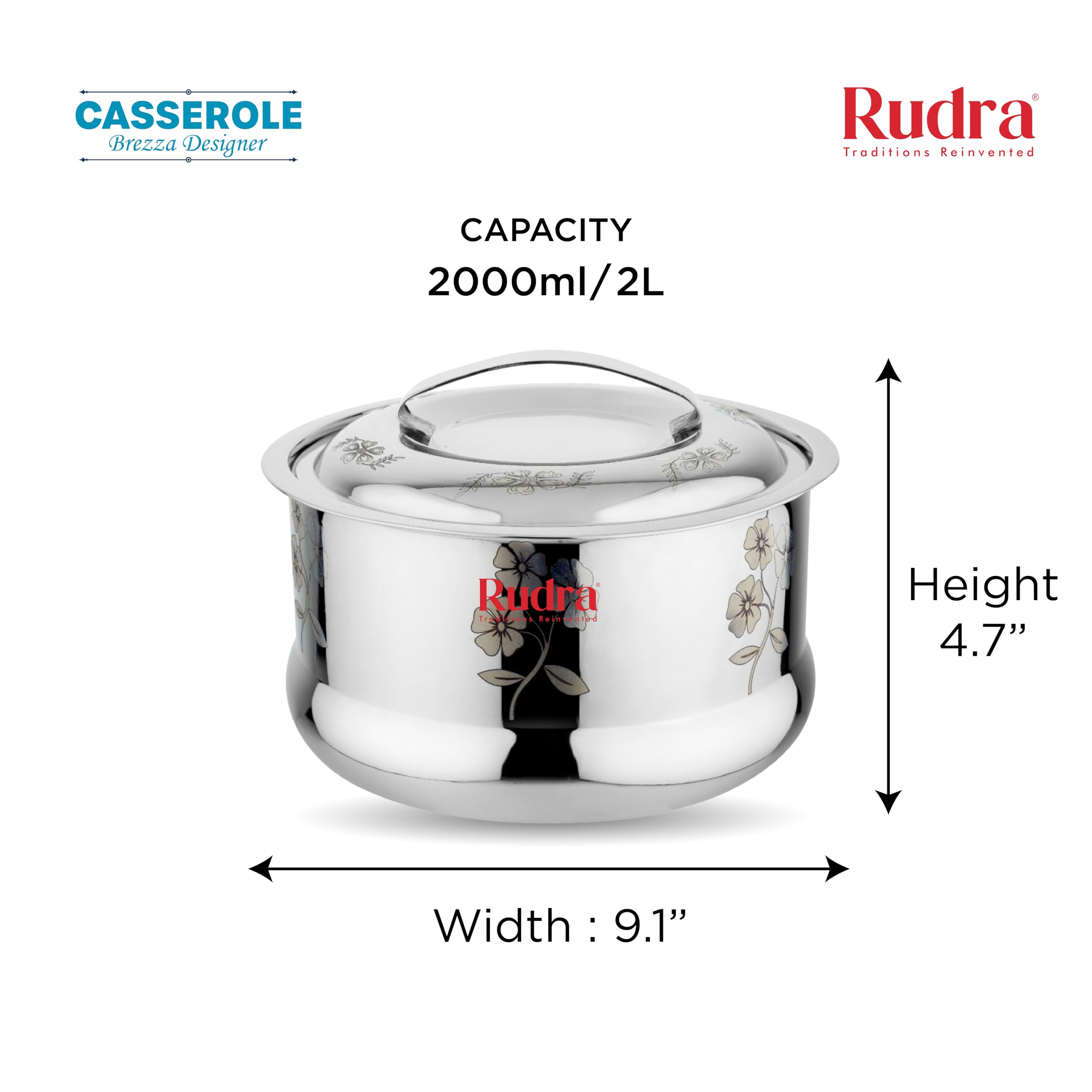 RUDRA Brezza Designer Silver Double Walled Stainless Steel Casserole, | PU Insulated | Hot & Cold | Hygiene | Odourless|Easy to Carry| (2.0 litres)