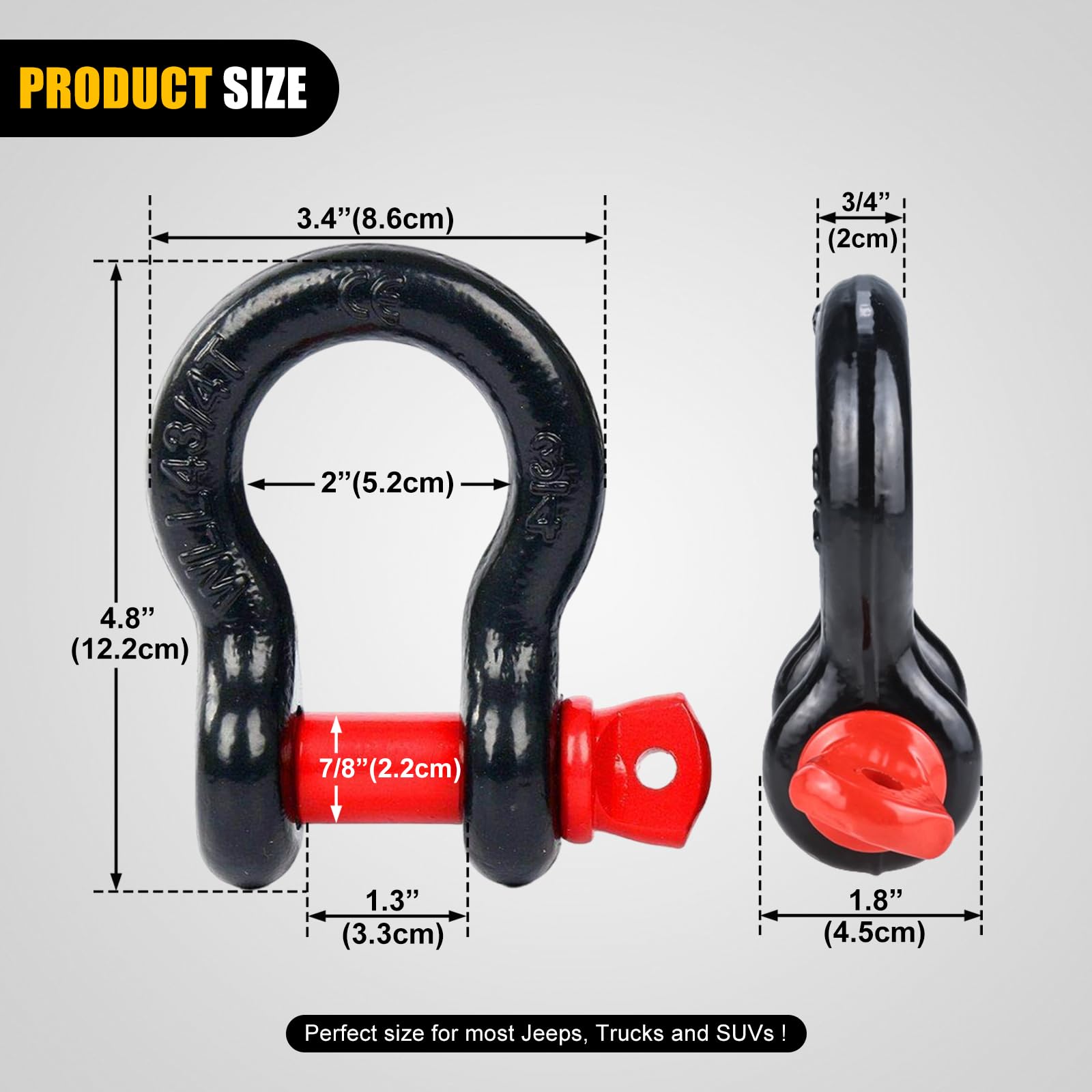 FreeTec 2pcs Manille 4x4, 4,75 T Manille de Levage, 3/4" Manilles de Remorquage 4x4, Manilles Acier Galvanisé avec Garnitures Caoutchouc pour Traction de Remorque Jeep Voiture Camion (Noir et Rouge)