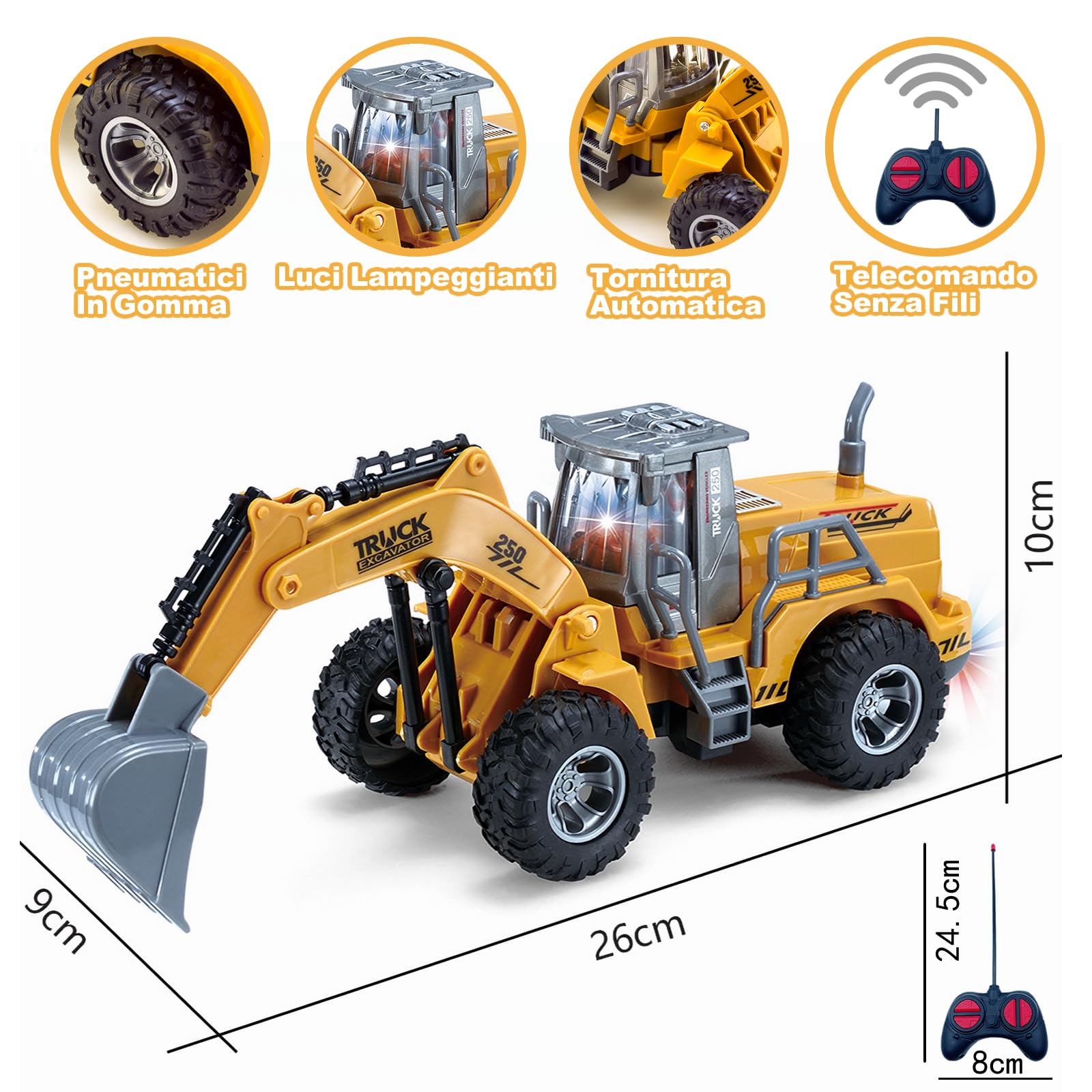 4 canaux 1:32 pelle télécommandée jouet, avec lumières clignotantes, télécommande sans fil, tracteur Digger jouets pour enfants, pour cadeaux pour enfants de 3 4 5 6 7 ans