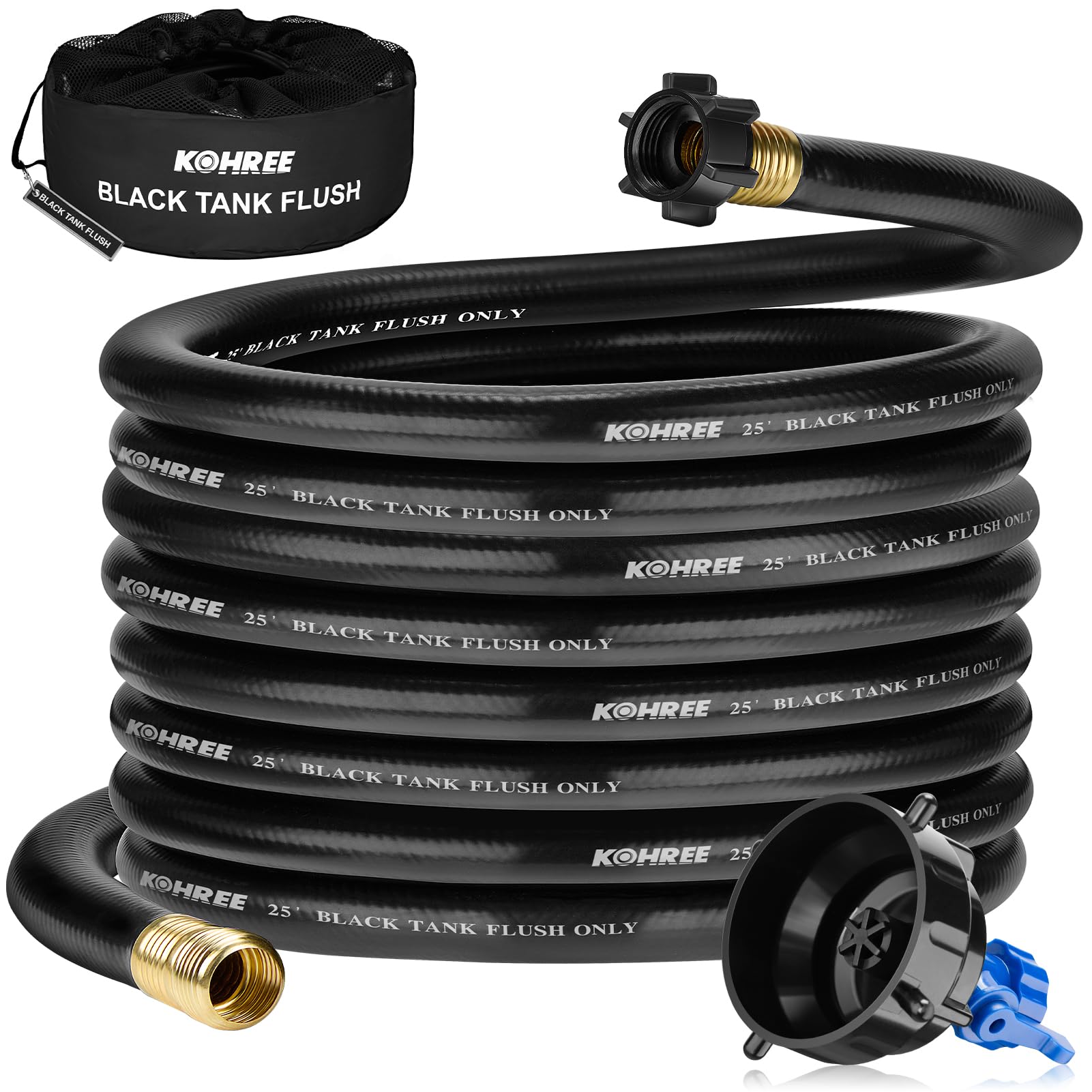 Kohree 25FT RV Black Water Hose with Rinser Cap for RV Black Water Tanks | 4-Way Water Pressure Blaster, Water Shut-off Valve, 5/8" Diameter, No Kink Design, Storage Bag