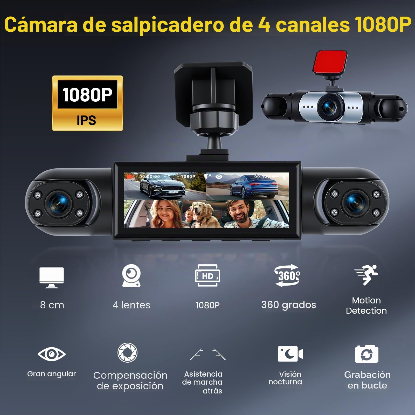 Hikity Dashcam 4 Cámaras, Pantalla IPS 3,16", 1080P | Visión Nocturna, Grabación en Bucle, Gran Angular 150°/120°, Tarjeta TF Máx. 64 GB