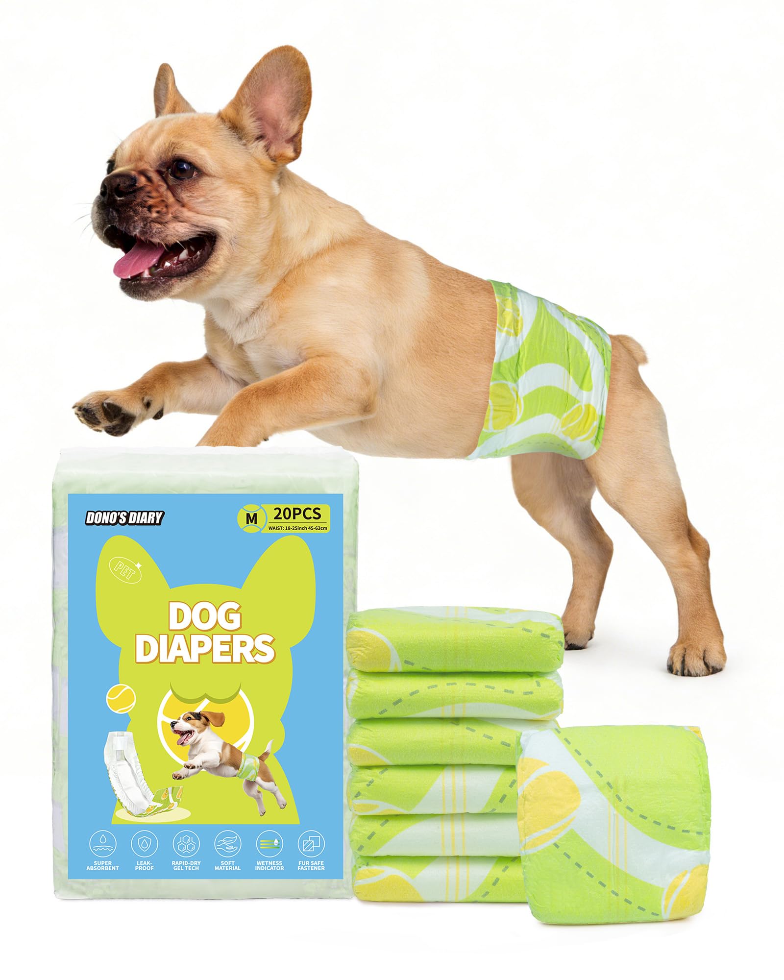 Dono Disposable Dog Nappies Male 20ct, Dog Diapers, Wetness Indicator, Male Dog Belly Bands, Super Absorbent, Leak-Proof, Incontinence, Excitable Urination, Marking Issues, Travel, M(45-63CM)
