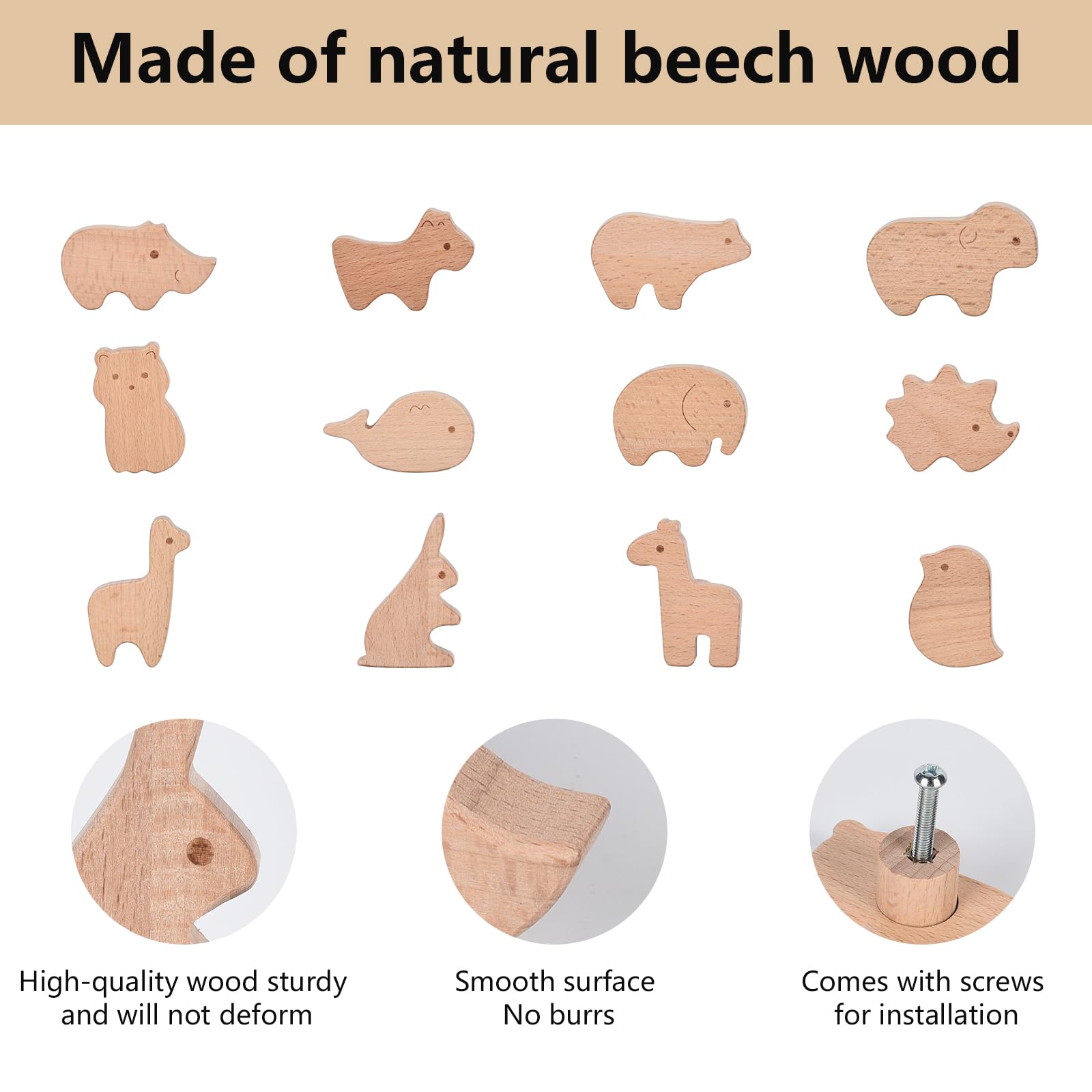 12 maniglie per cassetti in legno, a forma di animale, per bambini, per cameretta dei bambini, con bottoni in legno, con viti