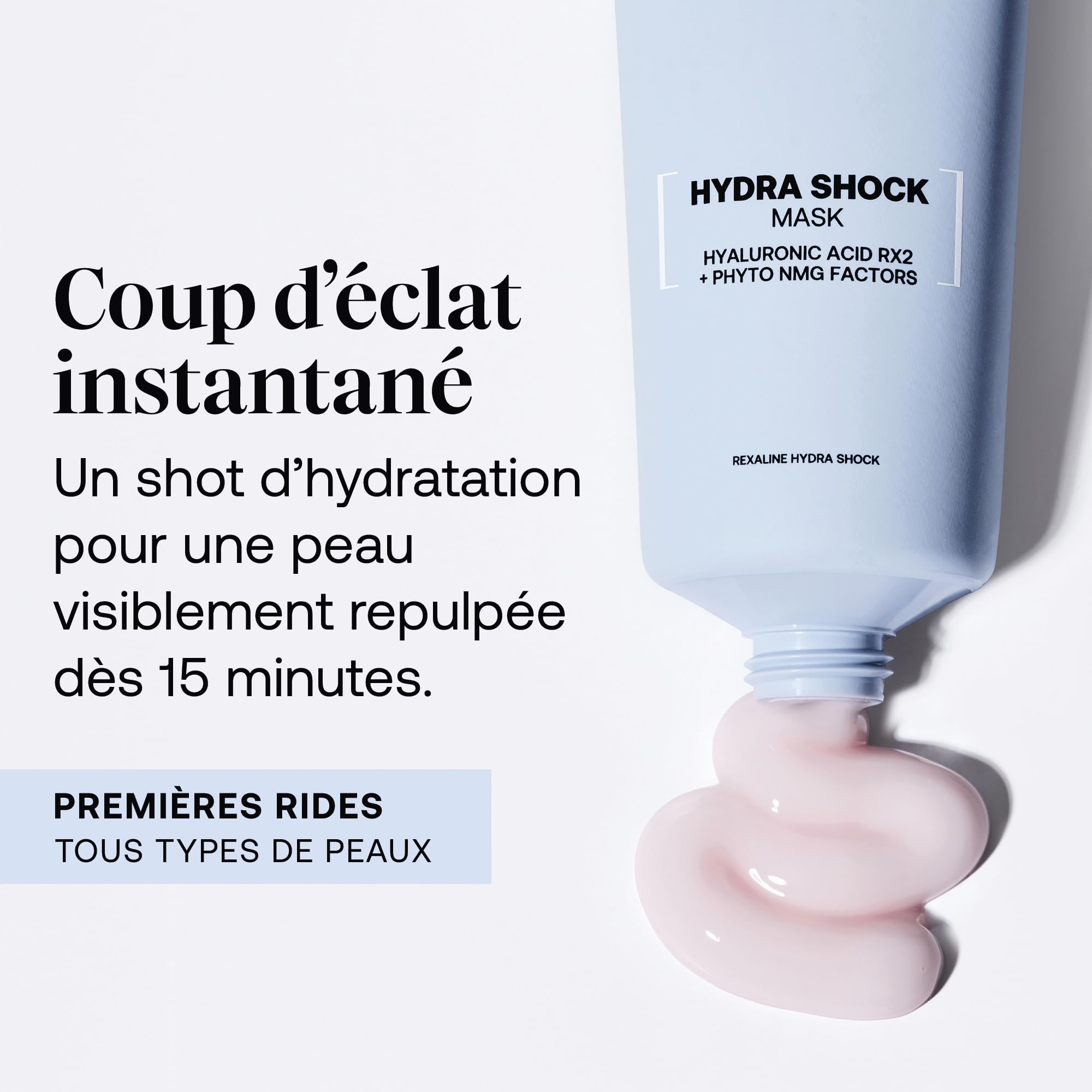 Rexaline Hydra Shock Mask – Masque Repulpant & Hydratant Intense – Acide Hyaluronique RX2, Camomille & Vitamine E – Teint Éclatant & Peau Lissée – Tous Types de Peaux – 75ml