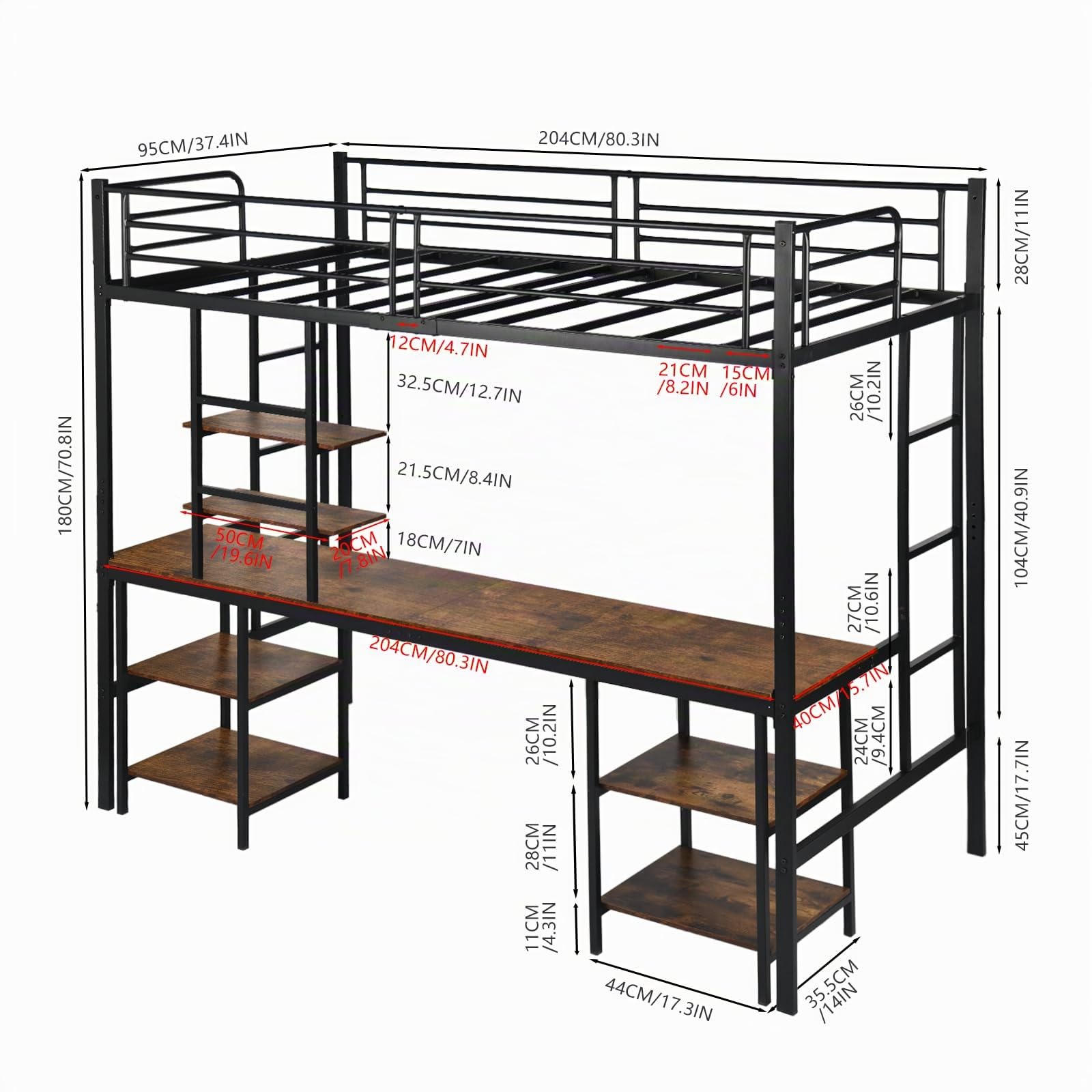 DORAFAIR Cama Mezzanine 90x200 cm de Metal con Escritorio, 3 Estantes y 2 Escaleras, Cama Mezzanine para Niños y Adultos con Láminas de Metal y Barandilla, Estilo Industrial, Negro