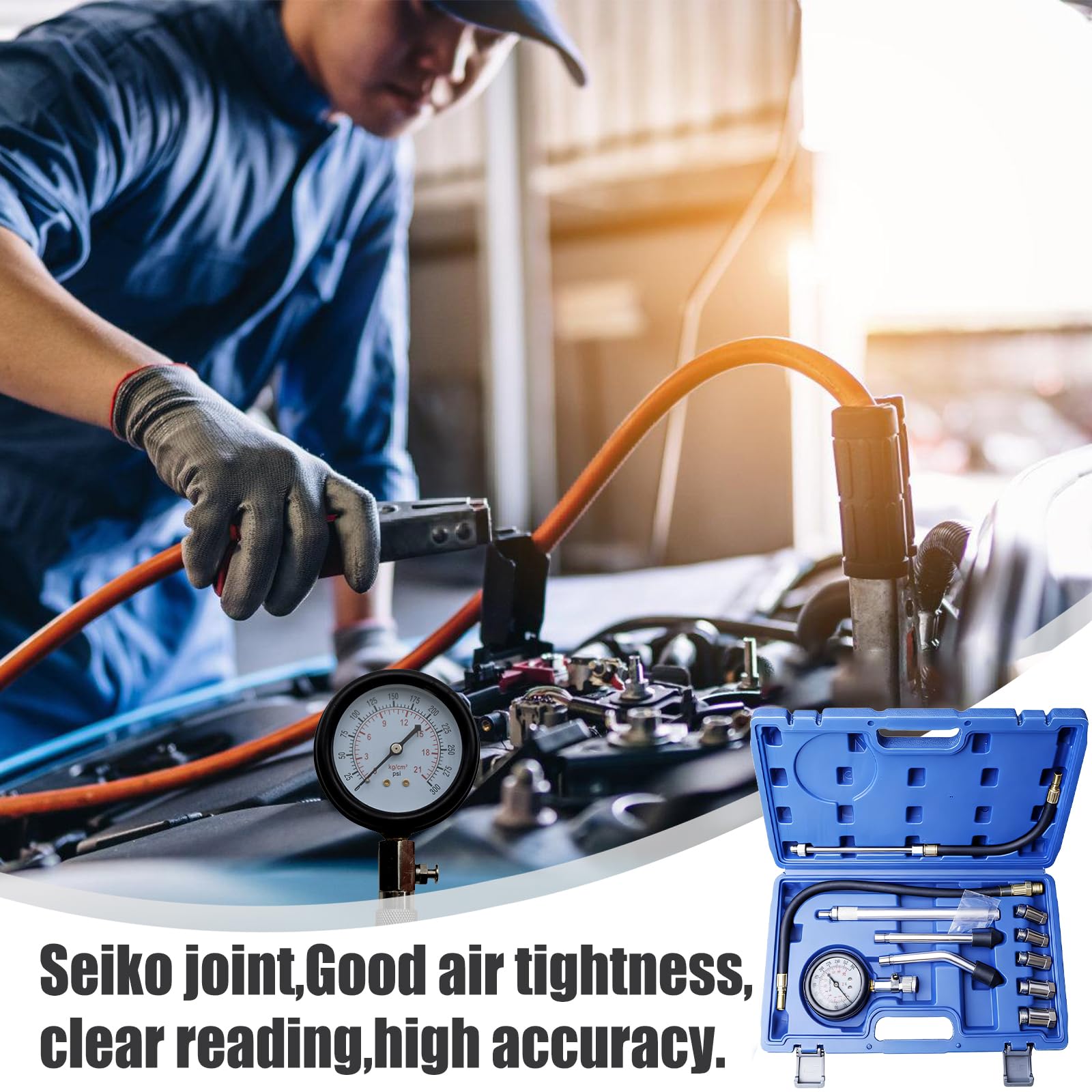 Zestaw 13 testerów kompresji, samochodowy tester kompresji do silnika benzynowego, 0-300 psi/0-20 bar, miernik ciśnienia w cylindrze z testerem świec zapłonowych