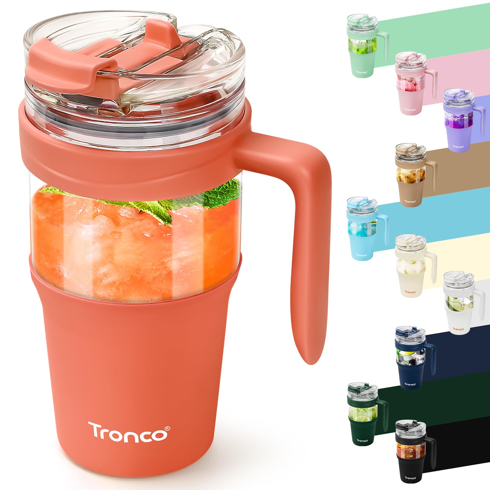 Tronco 32oz Glass Tumbler with Straw and Lid, Leakproof Flip Straw Glass Tumbler with Handle, Glass Water Bottles Fit in Cup Holder, BPA Free, Dishwasher Safe (Coral Orange)