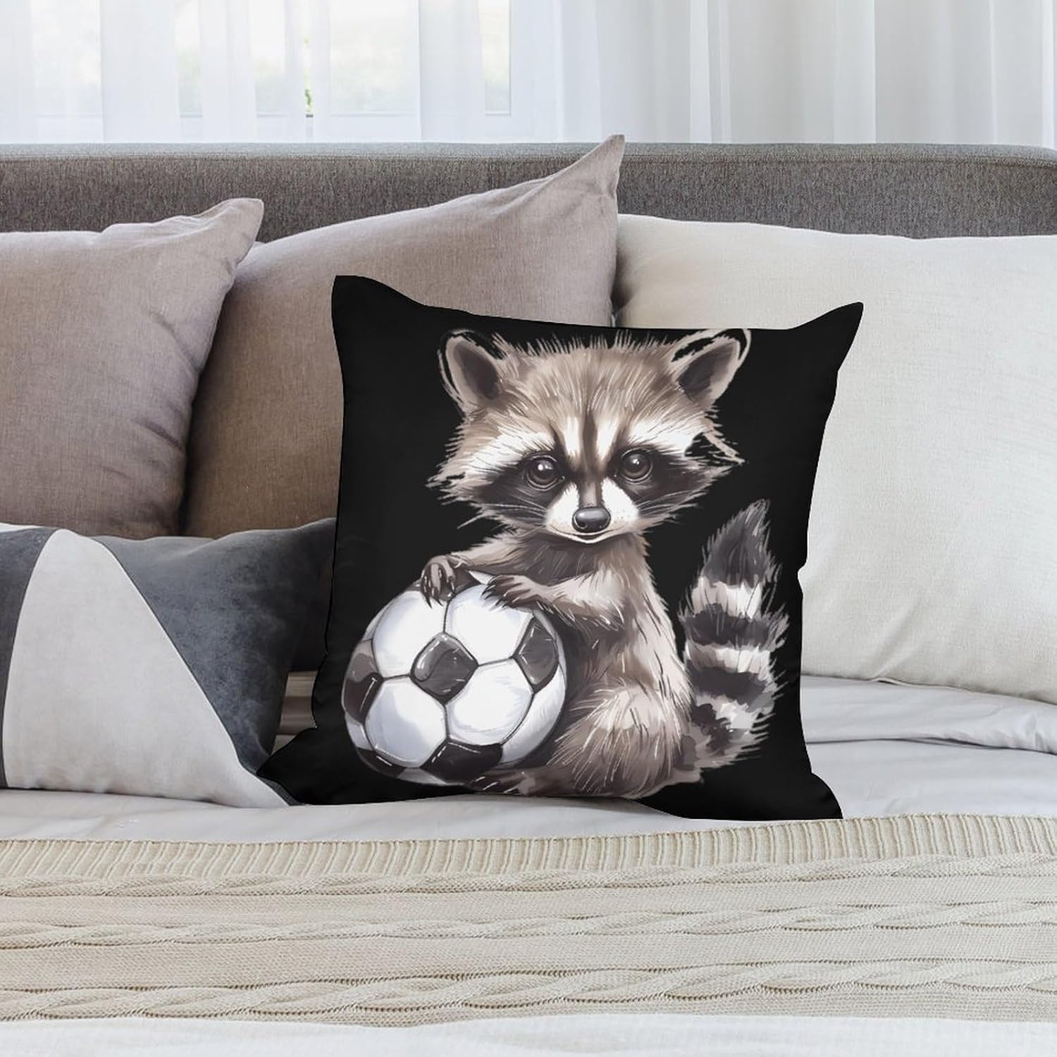 Raccoon with Soccer Printed Throw Pillow Case 4 Pcs Soft Pillowcases Pillows Covers Sofa Bed Decor 12/14/16/17/18/20/22/24/32 Inches