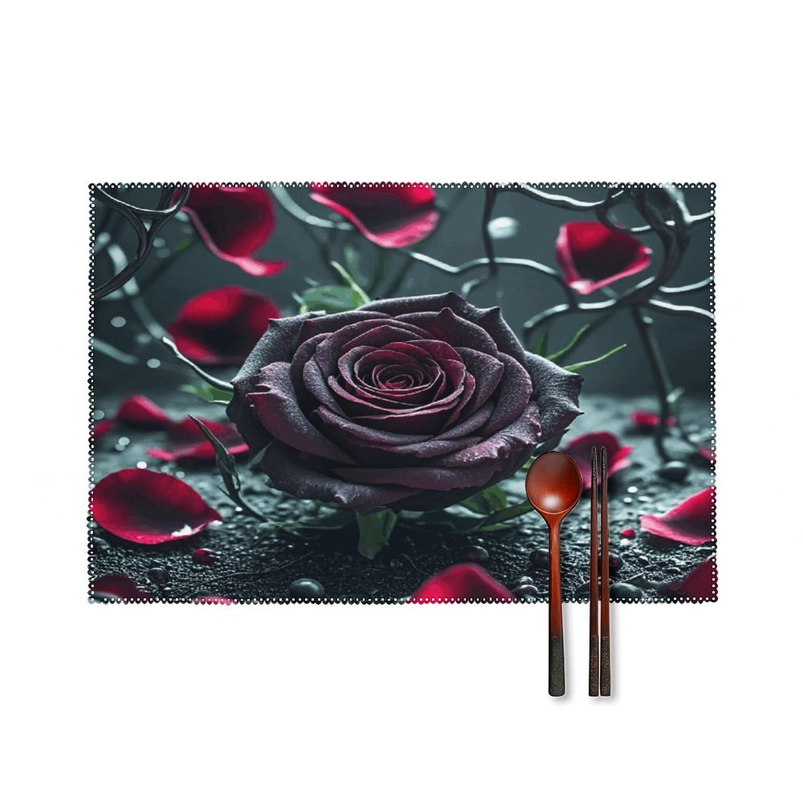 Rose Placemats Set of 6 Non-Slip Stain Resistant Indoor Outdoor Table Mat Washable Cloth Place Mat Fashion Kitchen Placemat for Dining Table Decoration 17.7x11.8 in