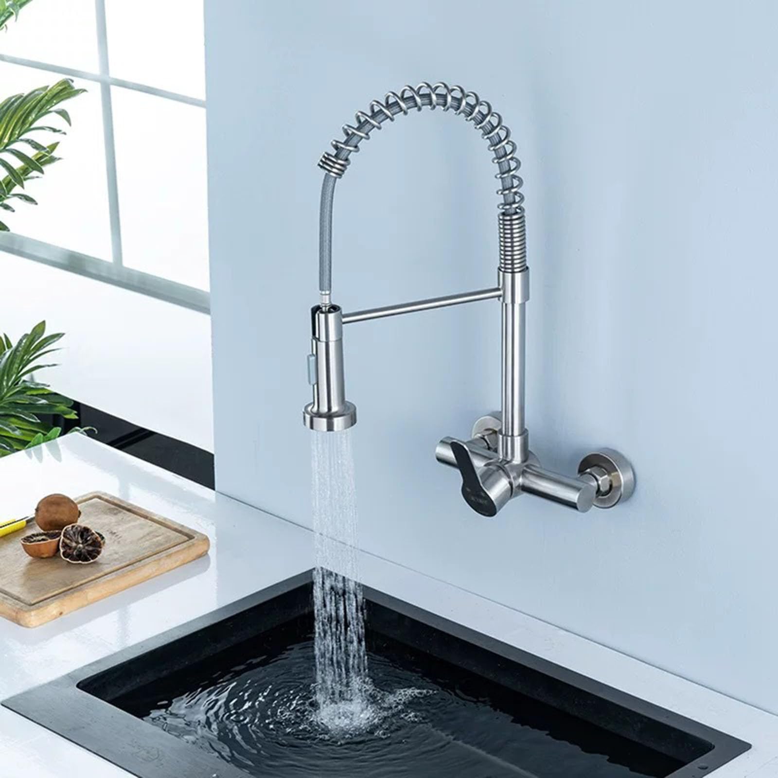 Grifo Fregadero Pared Acero Inoxidable Cepillado Cuello de Cisne Grifos Cocina Fregadero Extensible Muelle,Cepillado