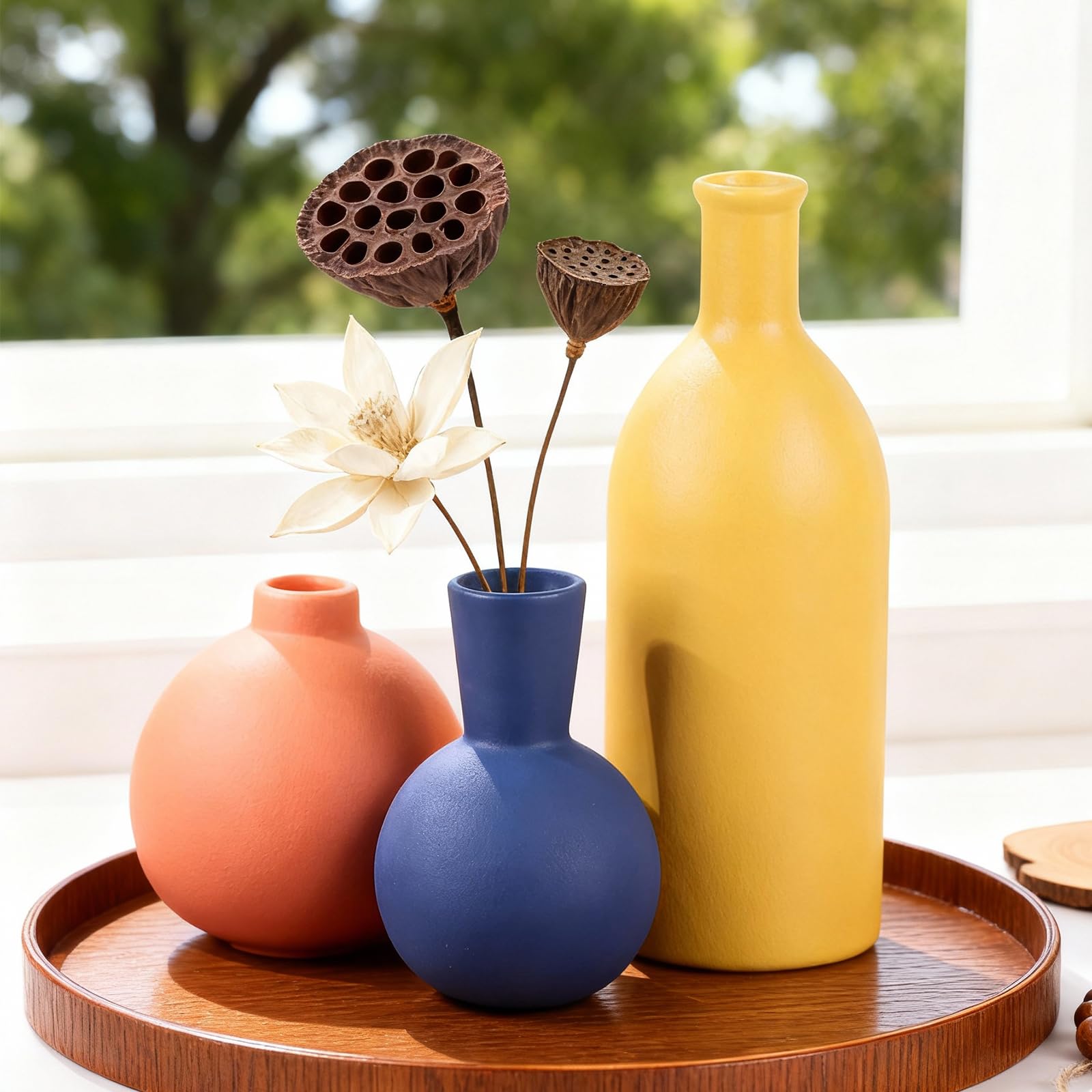 Small Ceramic Vase Set of 3, Ceramic Rustic Farmhouse Vases for Home Decor, Pottery Vases for Bouquet Pampas Grass Dried Fresh Flower, Minimalist