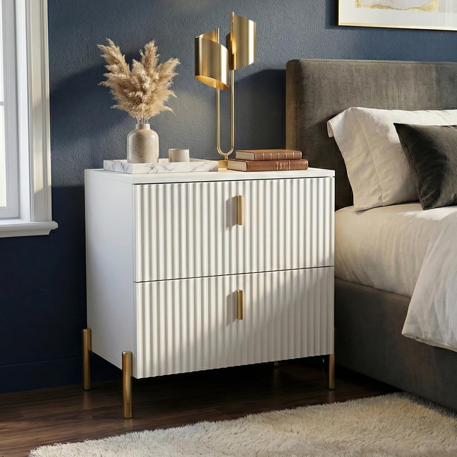 DIYART Luxury Fluted Night Stand, Nightstand with 2 Drawers, Modern Bedside Table with Golden Legs and Handles, End Tables for Living Room Bedroom,
