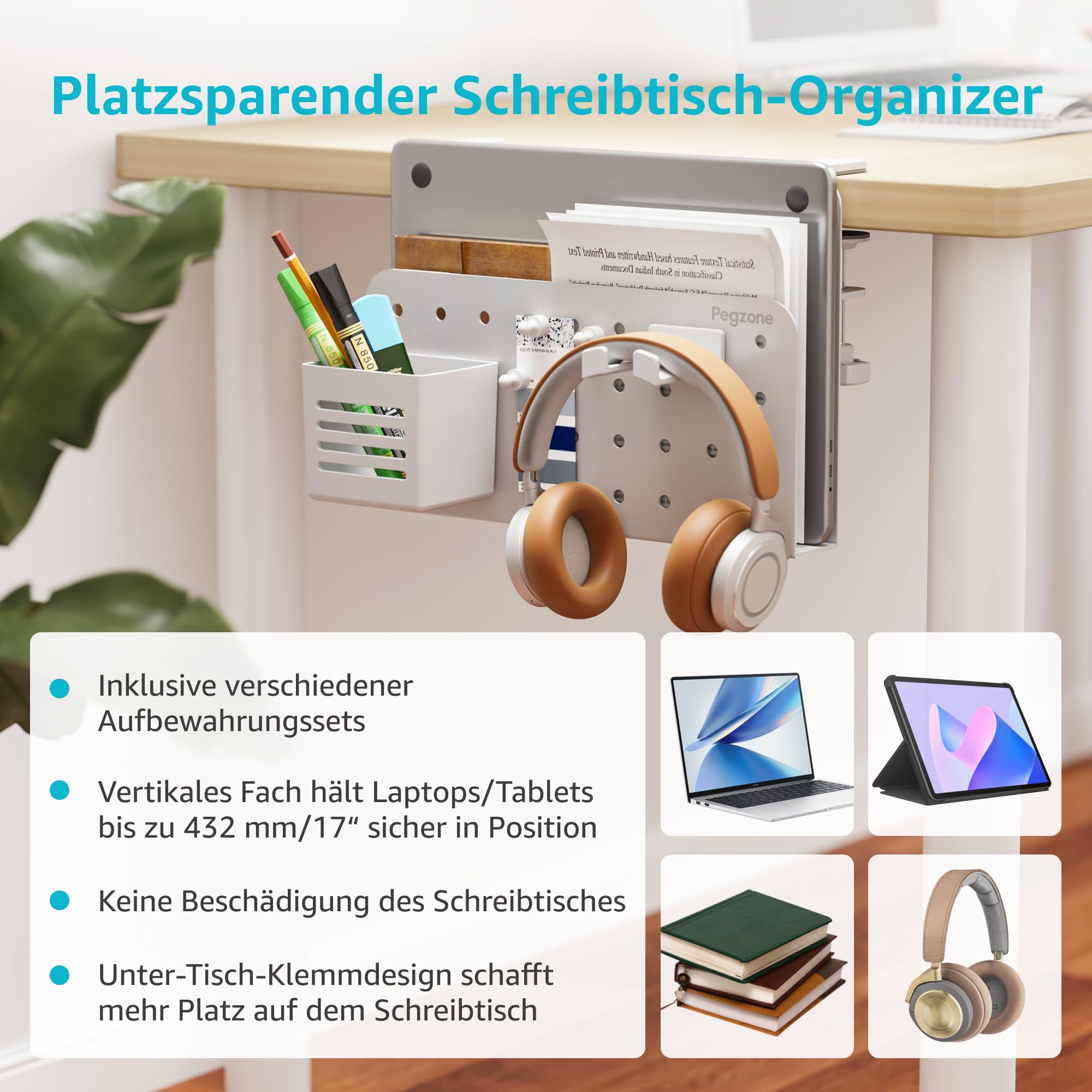 PEGZONE Schreibtisch Seitenaufbewahrung, Untertisch Laptop Halterung Aufbewahrung, Bohrfreier Laptop-Halter, Hängende Laptop-Halterung, Passt für flache Kanten von 1 cm bis 5,6 cm, Weiß