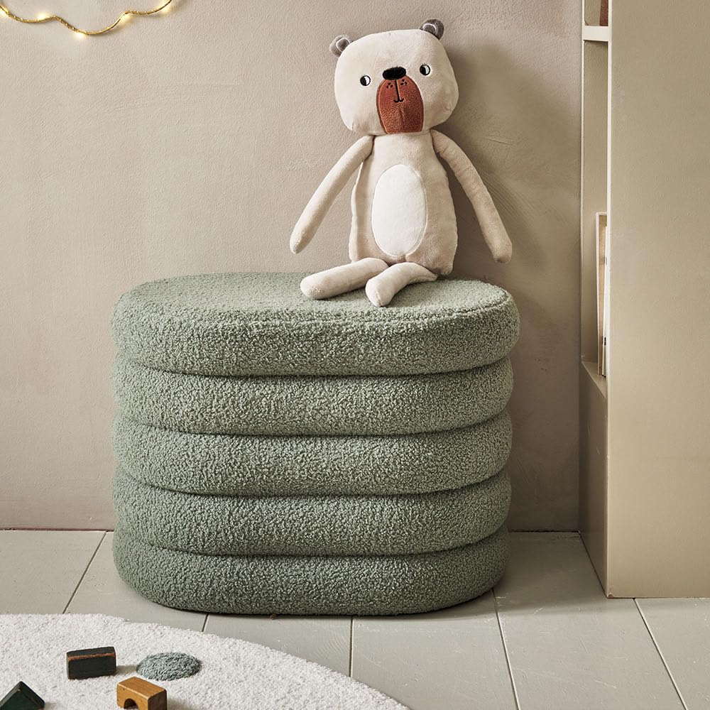 Petite Amélie Sitzhocker mit Stauraum Ted – Olivegrün - Teddy-Stoff - Pouf und Aufbewahrungsort in einem
