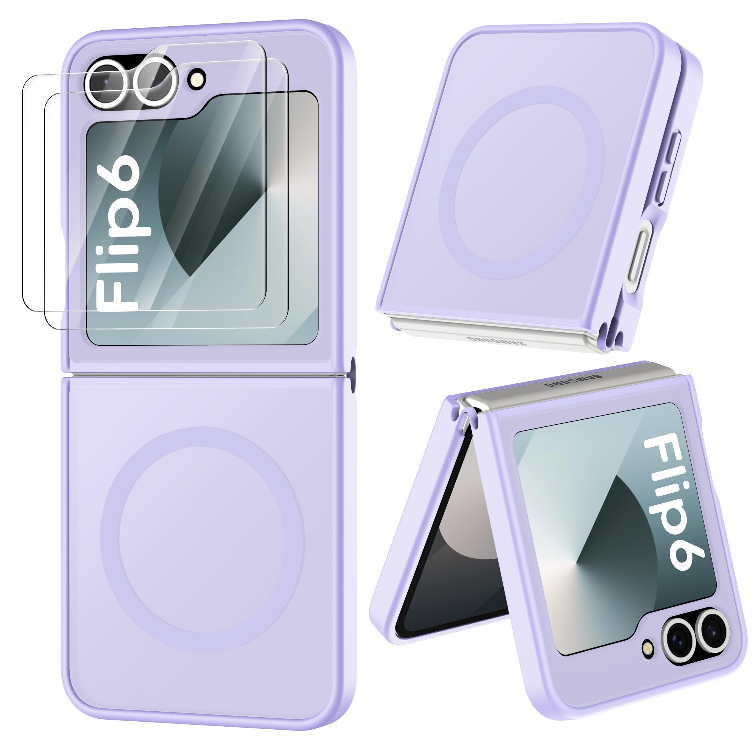 ORETECH Magnetic Case for Samsung Galaxy Z Flip 6 Case with[2x Screen Protector][Compatible with MagSafe] Shockproof Non-Slip Translucent Hard PC Back Protective Case for Samsung Z Flip 6-Light Purple