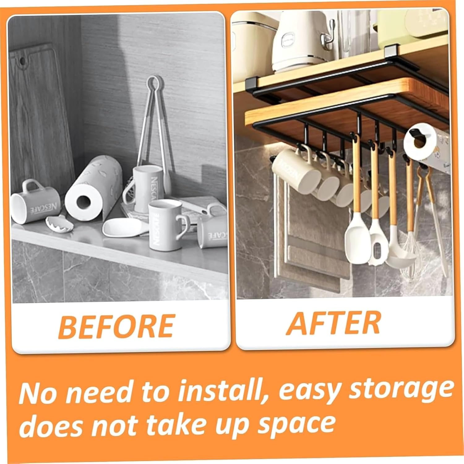 Multi-Functional Kitchen Hanging Organizer, Cutting Board Holder - Mug Holder Under Cabinet, No-Hole Clip-On Shelf Mug Hangers Under Shelf Kitchen Spoons Towels Hanger Organizer(White)