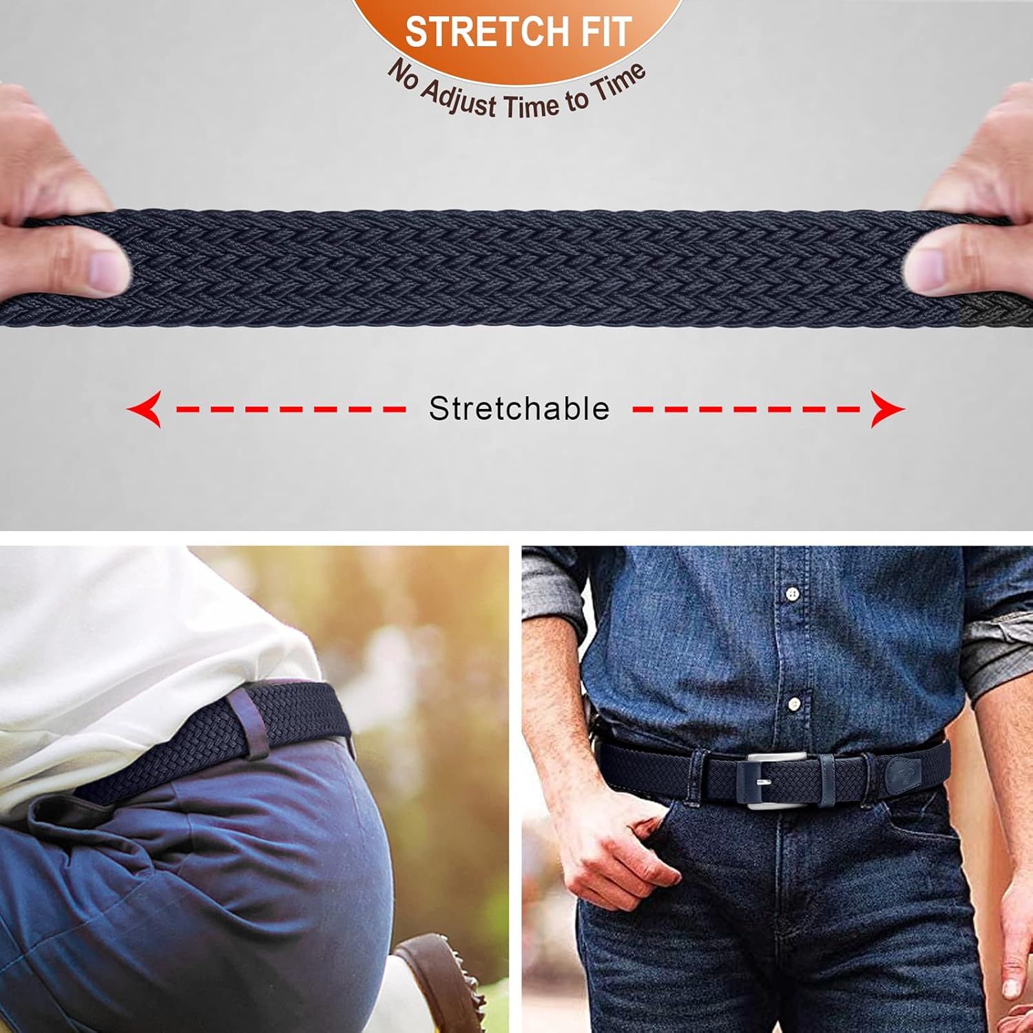 BULLIANT Belt for Men 2Pack,Mens Gift Stretch Braided Web Belt Elastic for Casual Golf Jeans,1 3/8" - Image 6