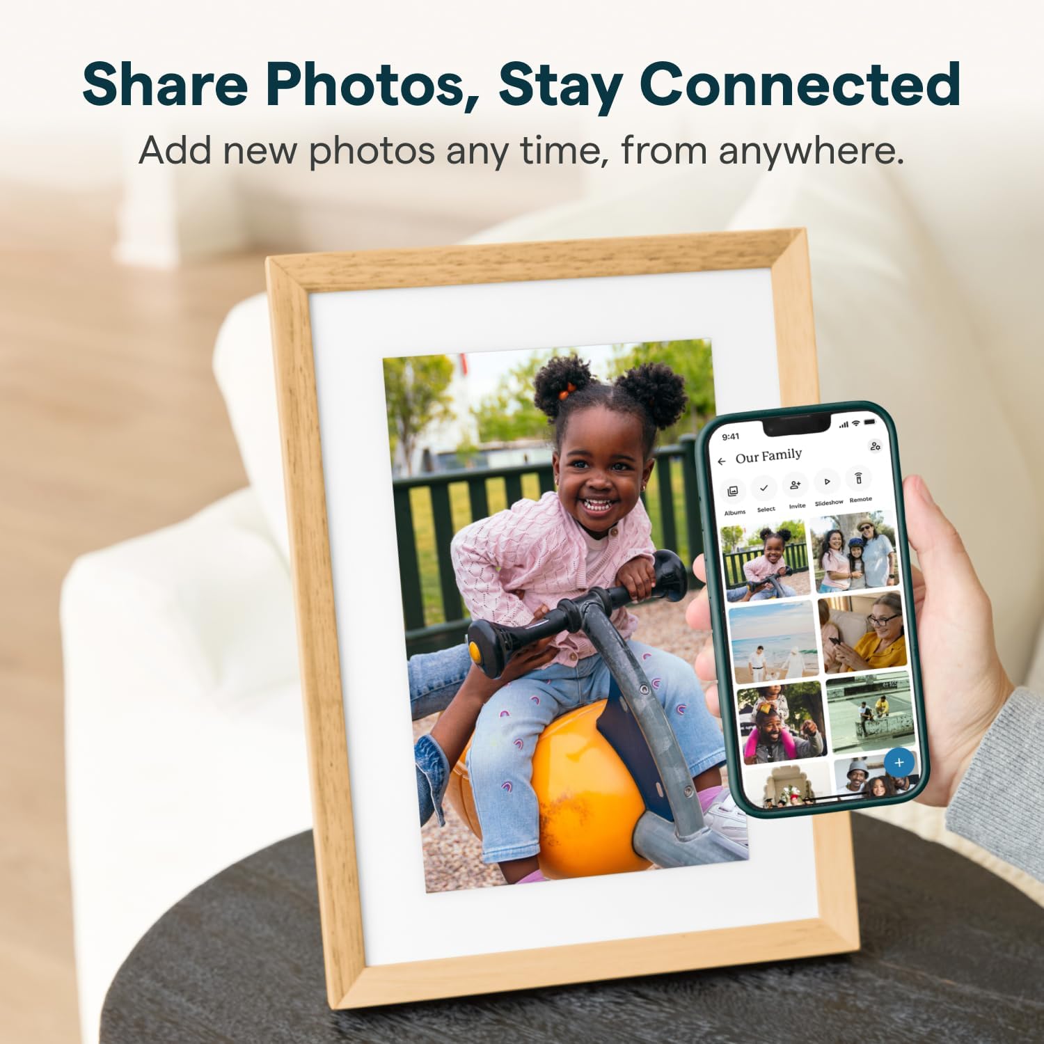 Skylight Digital Picture Frame 2 – 10" Full HD Wi-Fi Touch Screen, 16GB Digital Photo Frame, Load Photos & Videos Directly from Phone, Anti-Glare – Personalized Gifting, Rubber Wood Birch Brown