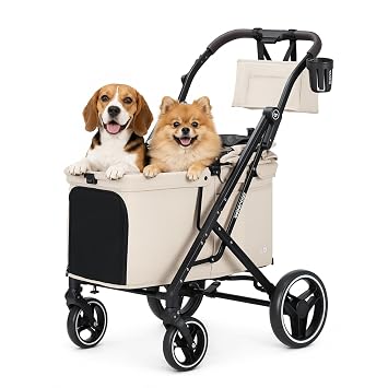 X6 Pet Stroller, Dual-Side Entry for Medium Large Dogs & Cats, 180 Detachable Canopy, All-Terrain Wheels, Shock Absorption, One-Hand Fold, Supports Up to 70 Lbs, Beige