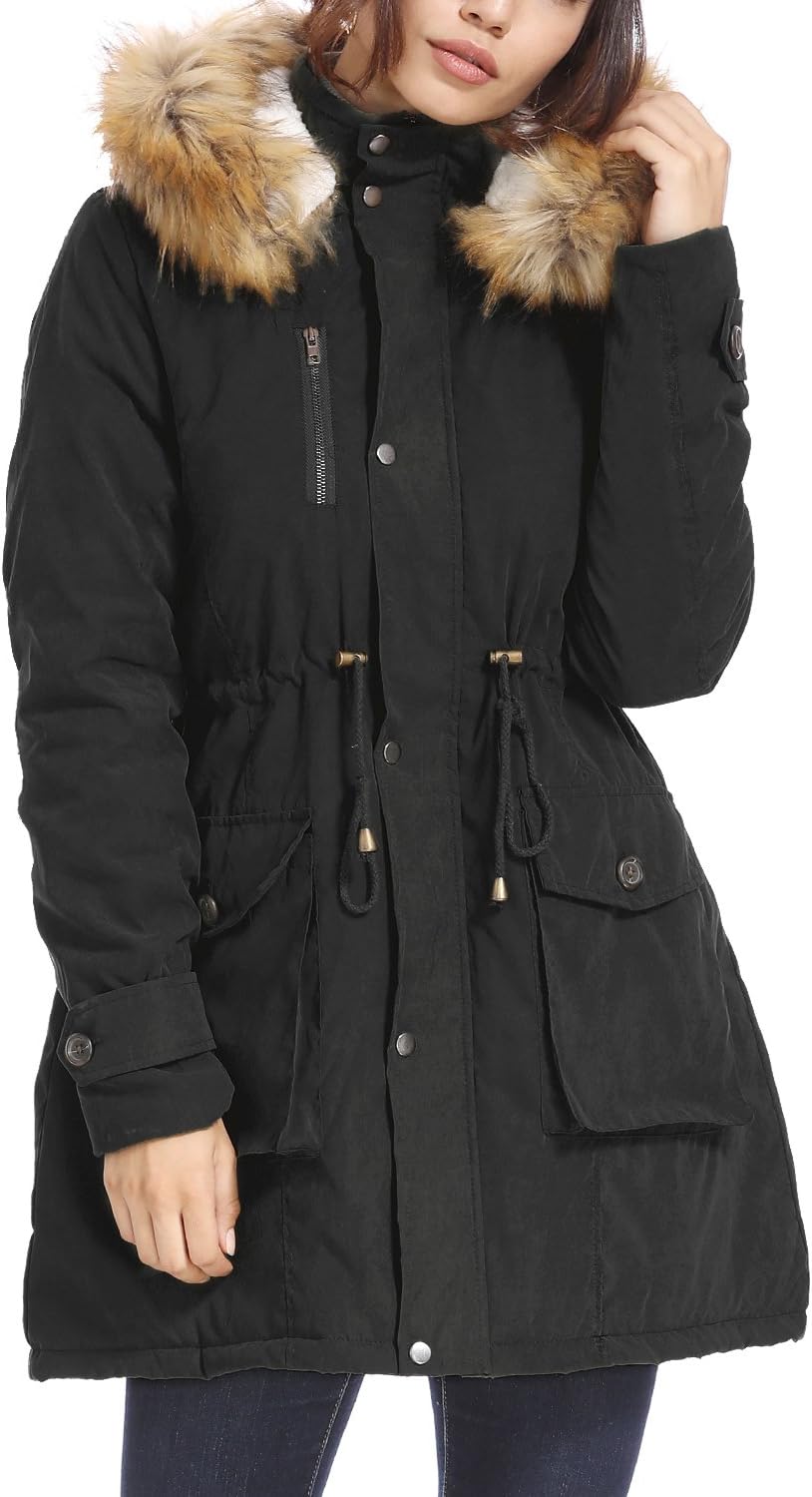 Womens Thickened Parka Coat with Removable Fur Hood Warm Coats Parkas with Faux Fur Jackets(088B-XXL) Black