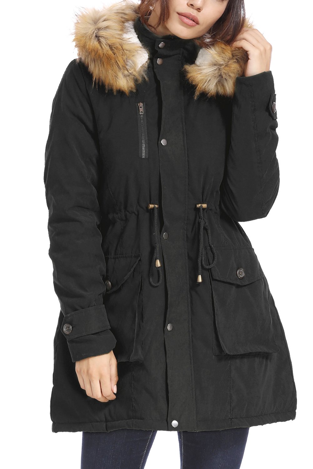 Womens Thickened Parka Coat with Removable Fur Hood Warm Coats Parkas with Faux Fur Jackets(088B-XXL) Black