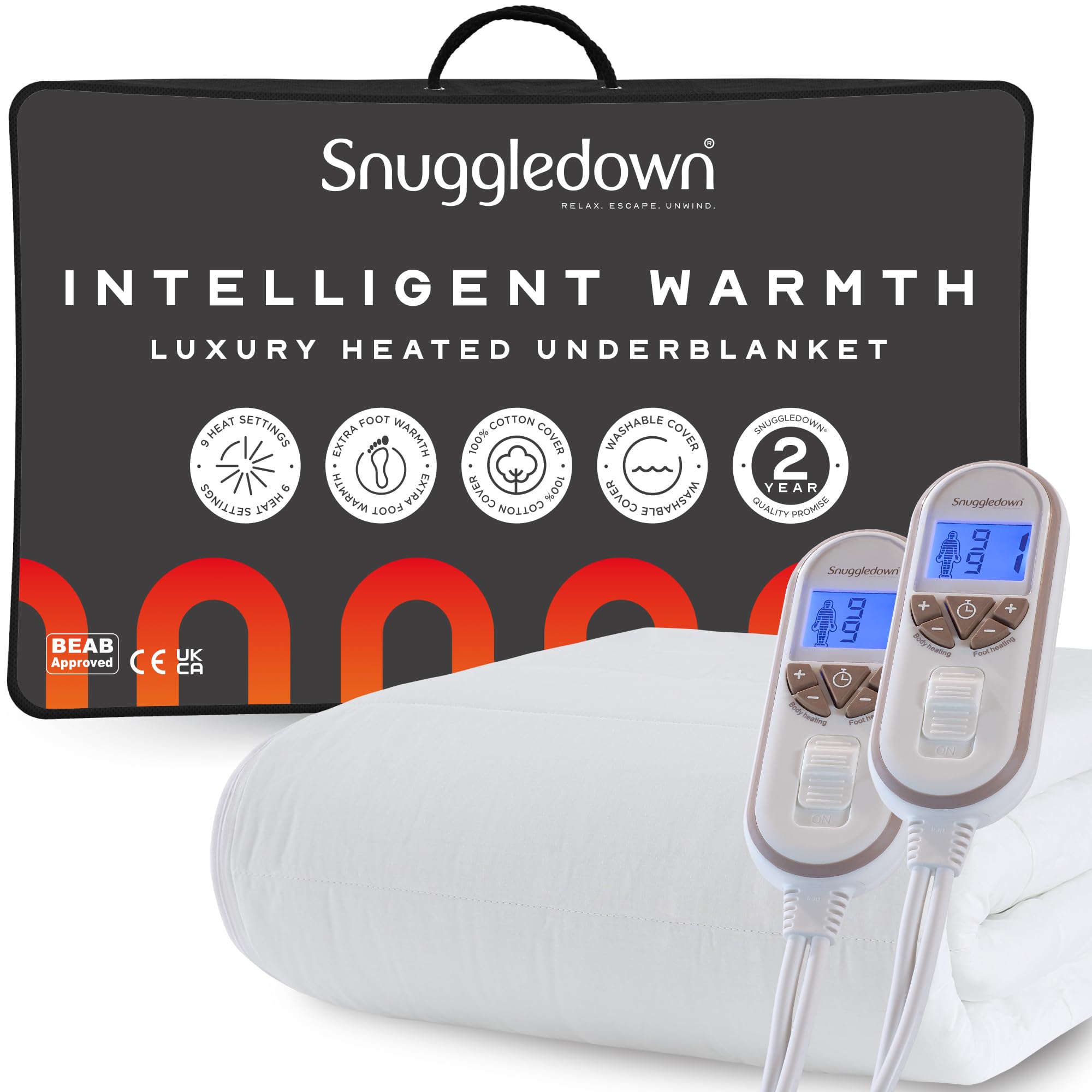Snuggledown White Intelligent Warmth Electric Blanket Double - Luxury Heated Blanket With Dual Controls, Foot Warmth & 9-Heat Settings | 100% Cotton Casing, Auto Shut-Off, Washable (135 X 190Cm)