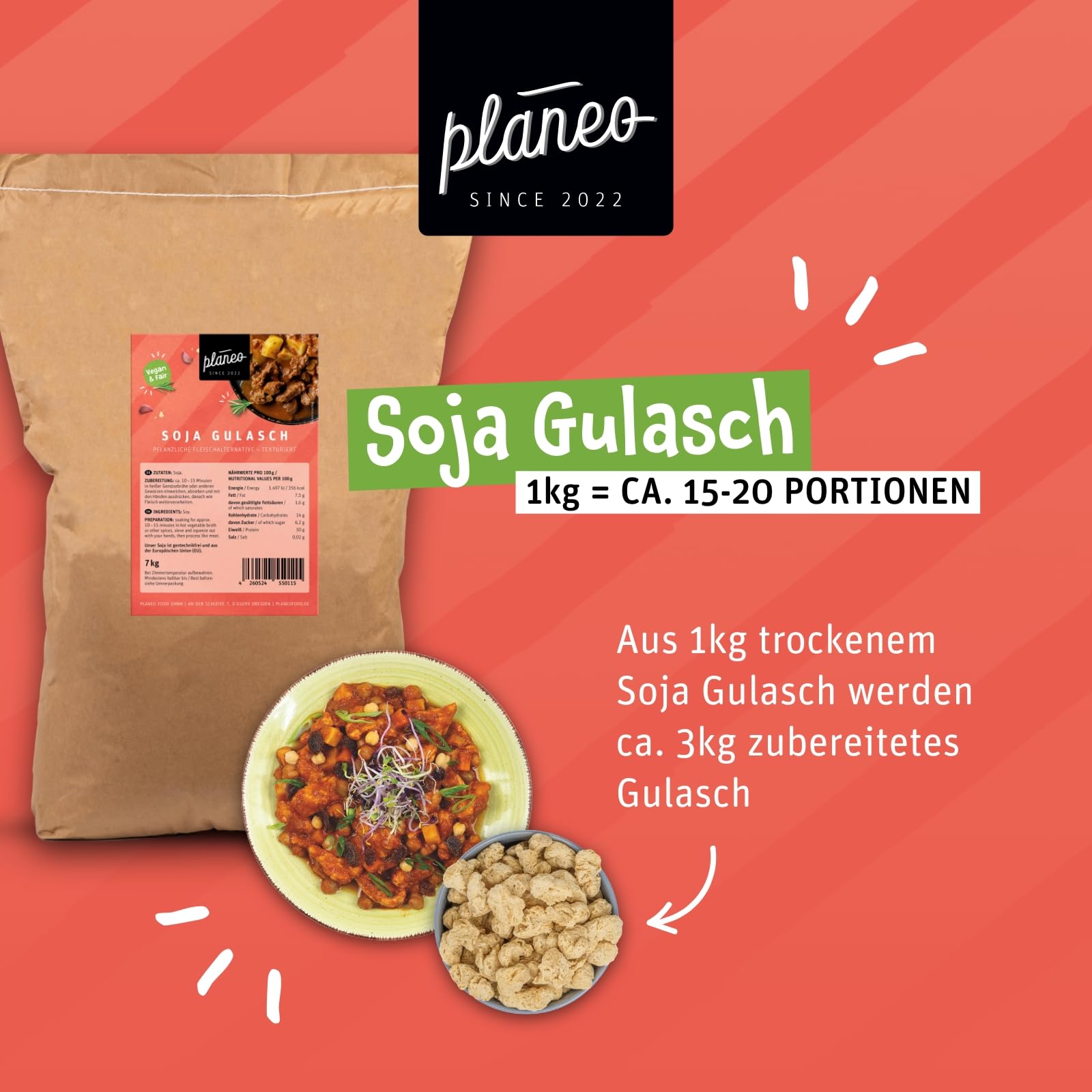 Planeo Soja Gulasch 7kg - Soja aus Österreich - Gentechnikfrei - Perfekt für Gulasch und Herzhaftes - Perfekt für Gastro