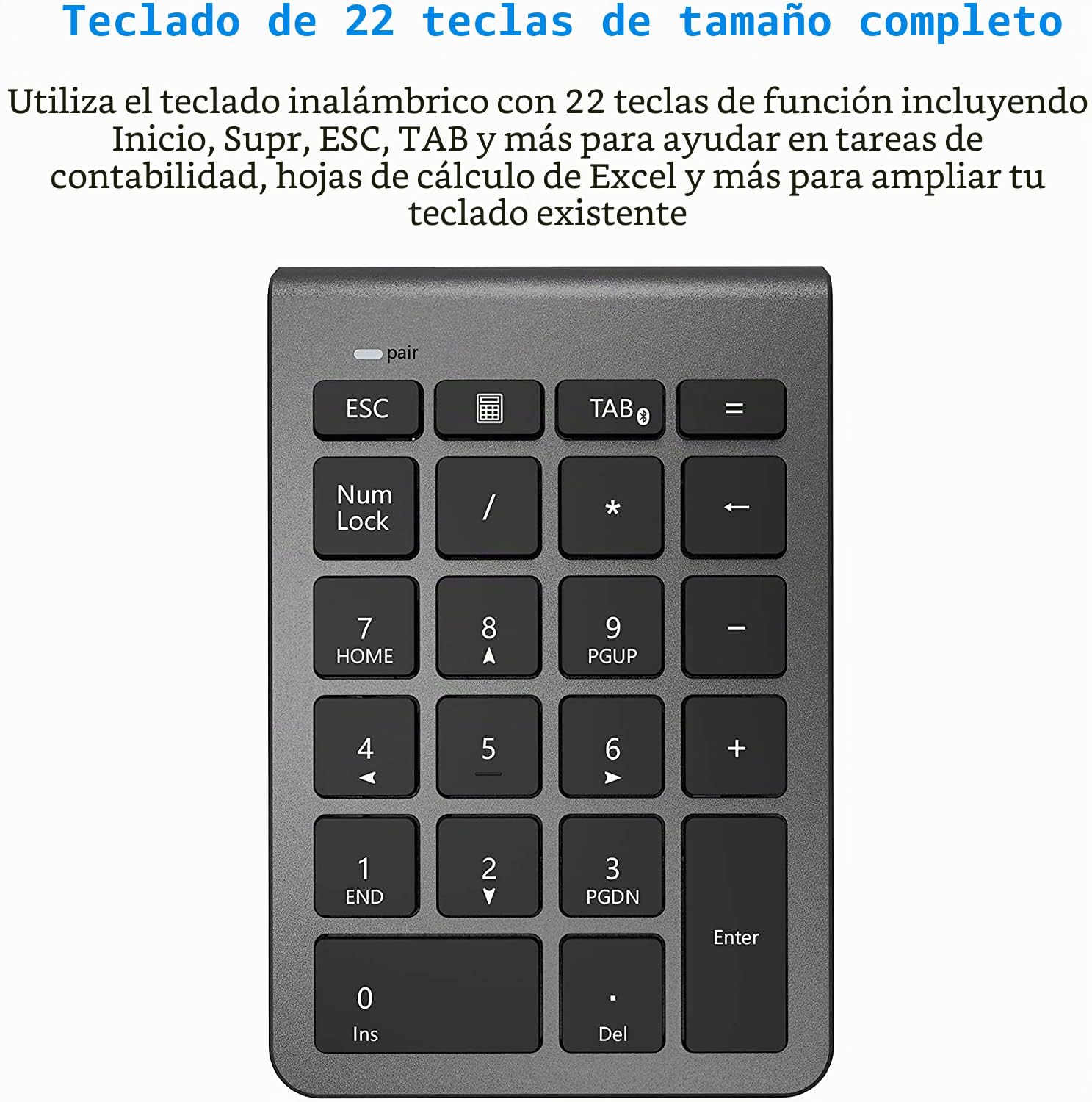 Teclado numérico inalámbrico Bluetooth, Teclado numérico 22 Teclas Bluetooth Extensiones de tecladopara Data Entry de Contabilidad financierapara Laptop, Escritorio, PC, Notebook