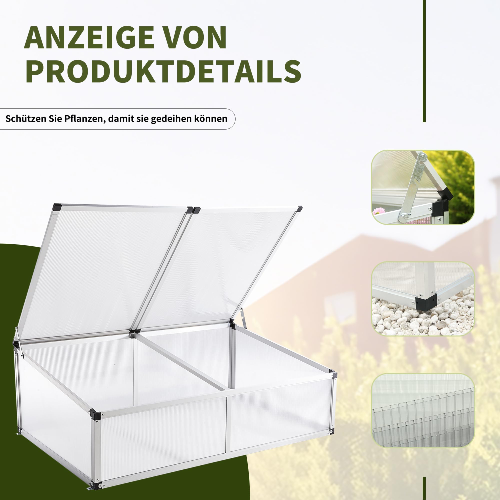 Frühbeet Gewächshaus aus Aluminium,115x76x40 cm, Alu Mini Gewächshaus, Hochbeet Treibhaus für Garten, Klein Treibhaus Frühbeetkasten mit Doppeldach lichtdurchlässig, UV Schutz