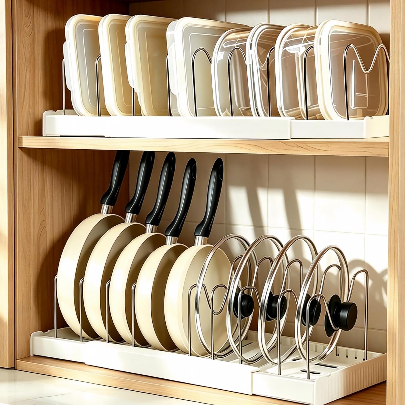 TW1TGOFT Expandable Pot and Pans Organiser – 2Pack 57cm Pan Lid Holder with 10 Dividers for Cupboard & Countertop, Kitchen Storage & Organisation for Pans, Pots, Saucepans, Lids, Plates & Cookware