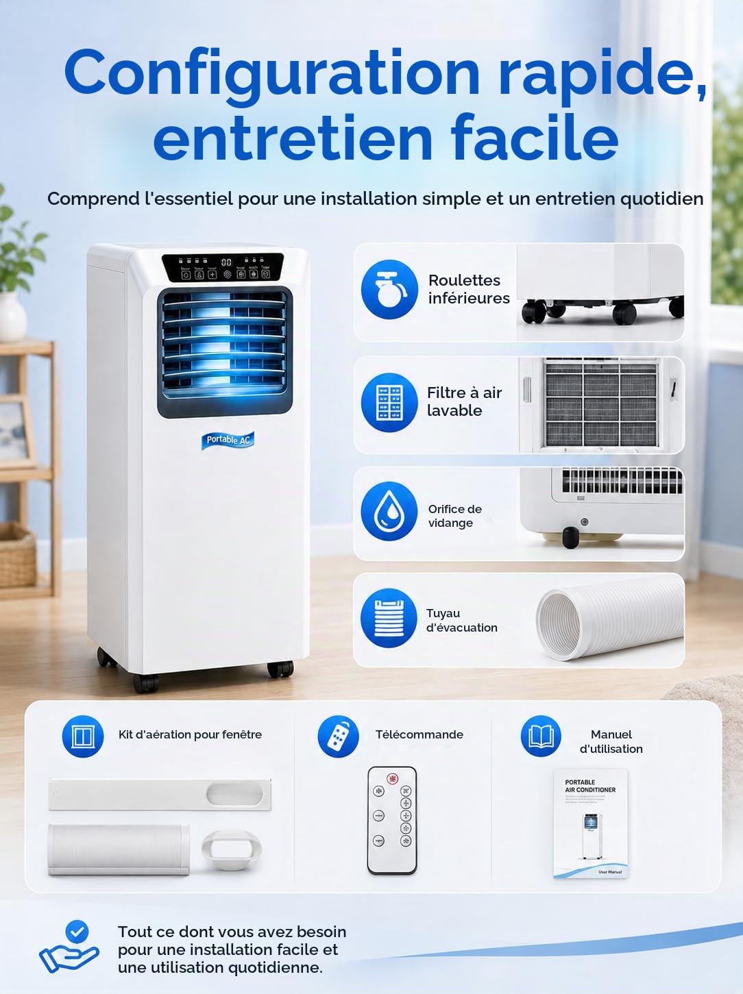 Climatiseur Mobile Monobloc 3 en 1 avec Tuyau d’Évacuation (9000BTU)