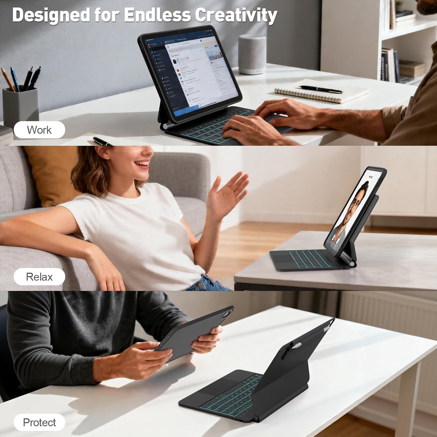 for iPad Air 11-inch Case with Keyboard (M3/M2, 2025/2024), Keyboard for iPad Pro 11" (1/2/3/4th Gen) & Air 4/5, Portrait/Landscape Mode, 11-Color Backlit, Removable Protective Case, Black