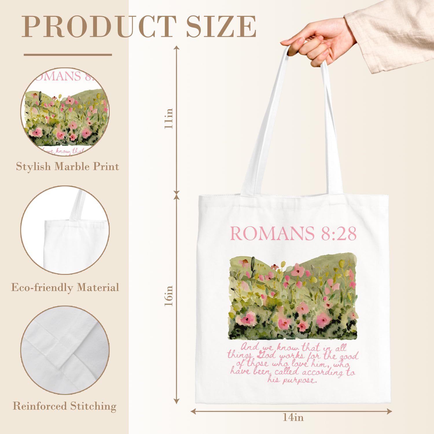 Pink Floral Christian Tote Bag, Romans 8:28 Bible Verse Canvas Tote Bags, Christian Gifts for Women, Inspirational Religious Scripture Reusable Grocery Shopping Bags - Image 6