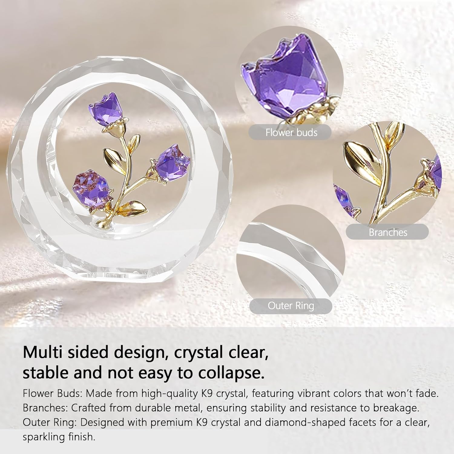 Purple Crystal Rose Ornament Glass Rose Flower with Stems Romantic Flowers Gifts for Women with Gift-Box