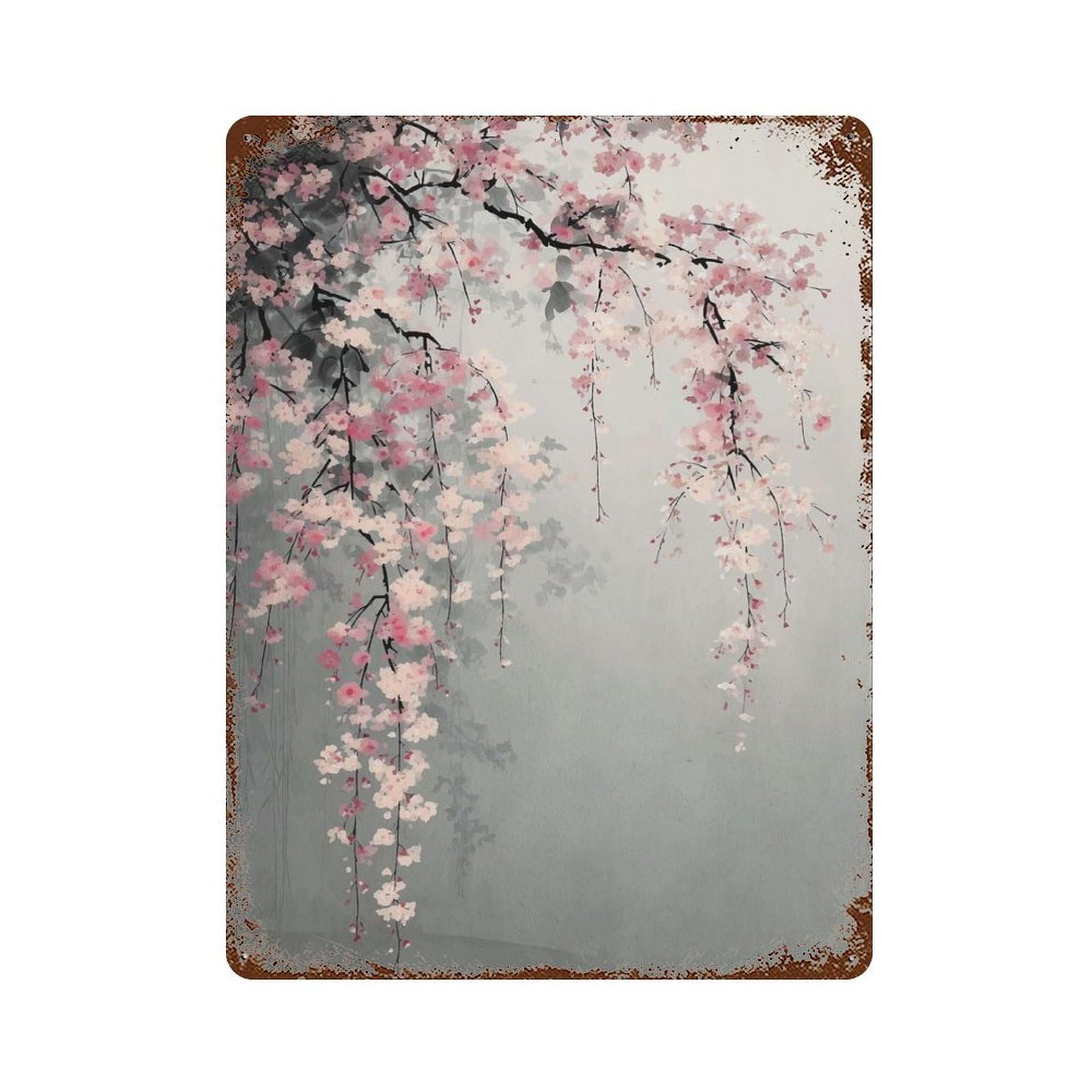 Cherry Blossom Branch Painting Vintage Wall Sign 15.7"x11.8", Rust Effect Metal Decor for Farmhouse, Kitchen And Entryway Decor