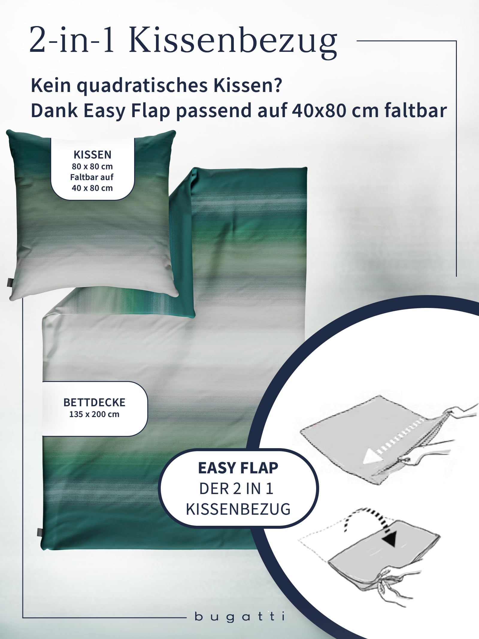 bugatti Bettwäsche 135 x 200 cm - 100% Baumwolle, Reißverschluss, anschmiegsam, weich & waschbar, Mako Satinbettwäsche gestreift grün grau
