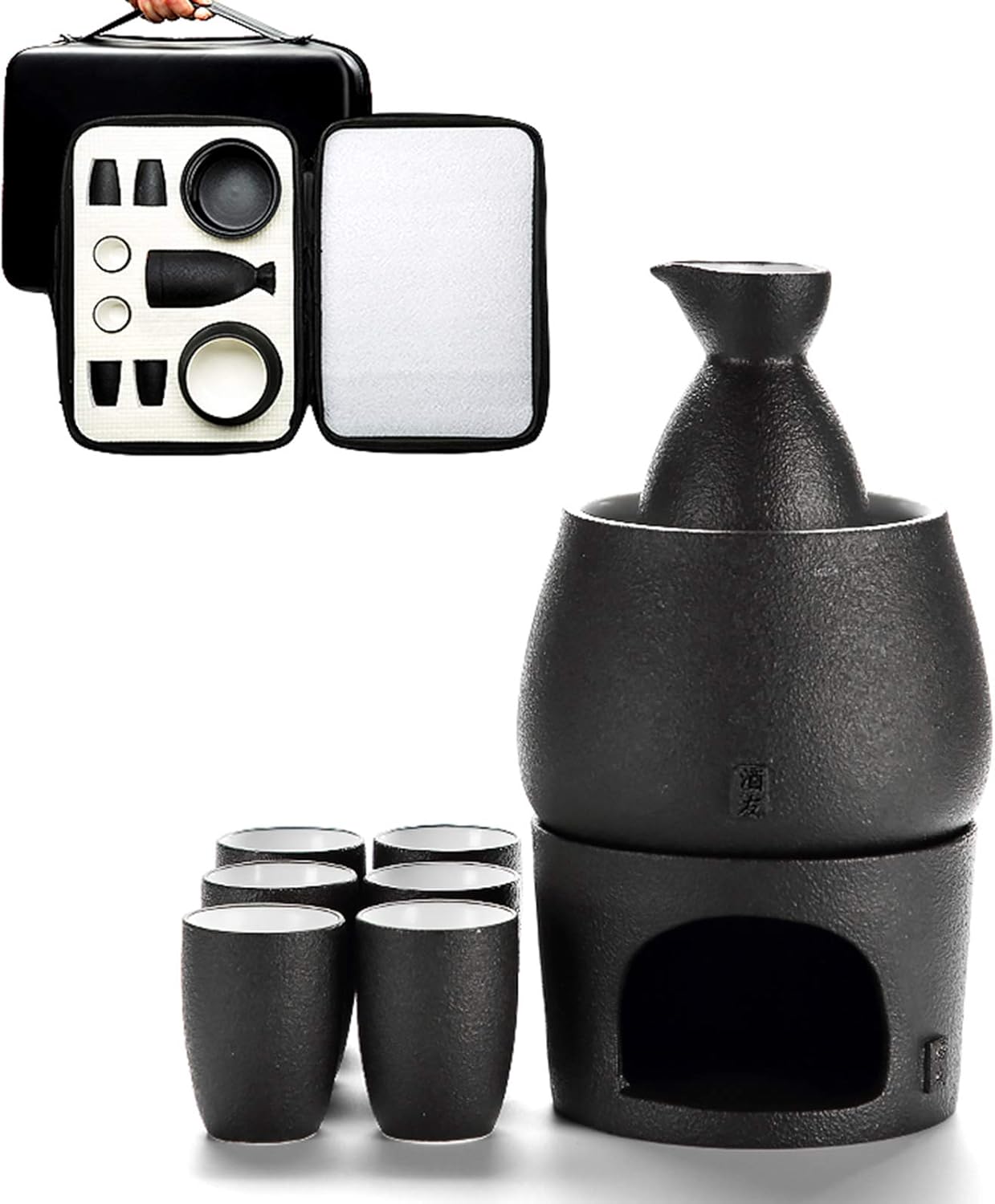 Sake Set and Cups with Warmer, Sake Storage Gift Bag
