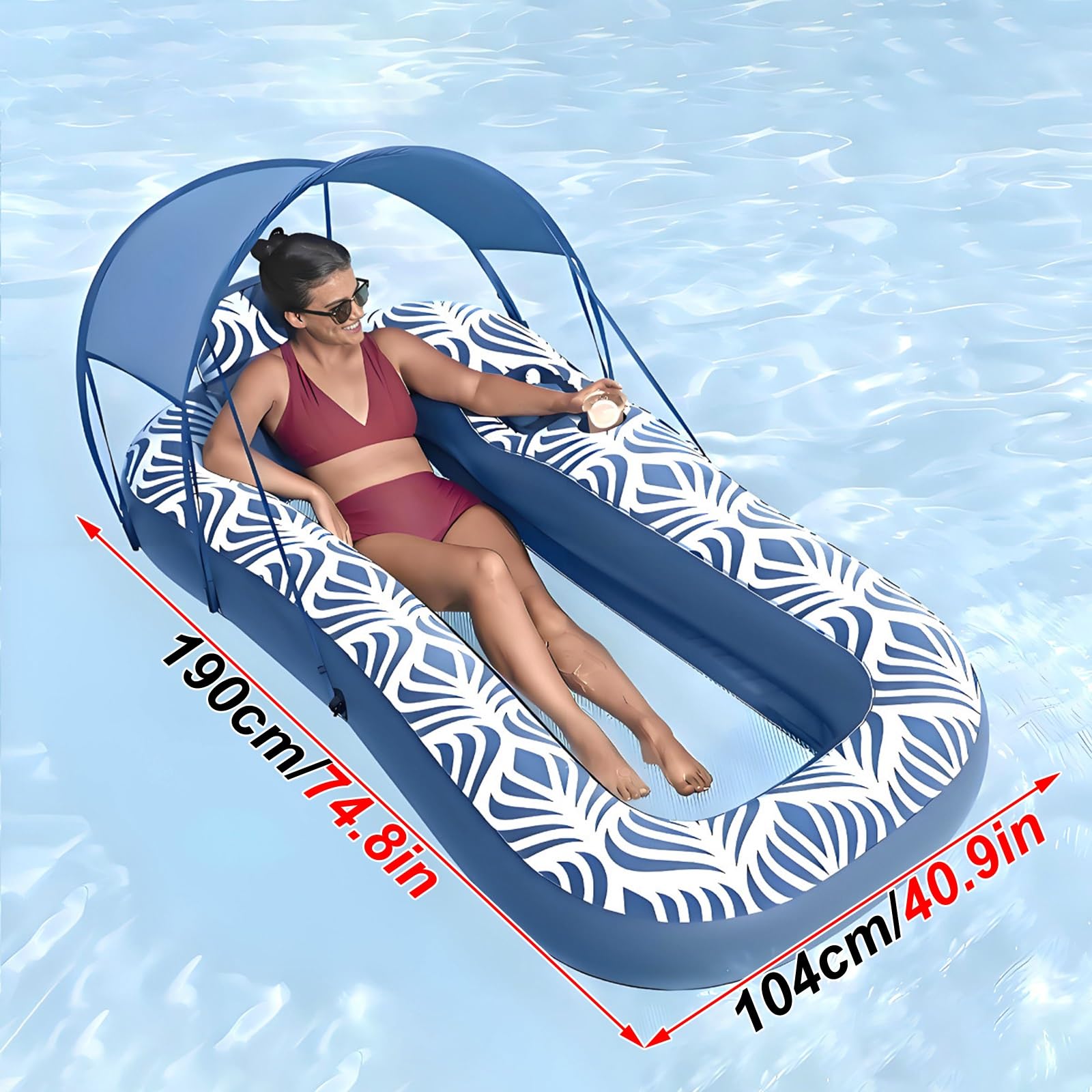 Matelas Gonflable Piscine, Bouee Piscine avec Auvent et Porte-gobelet, Conception Anti-Fuite au Fond, pour la Mer et la Rivière
