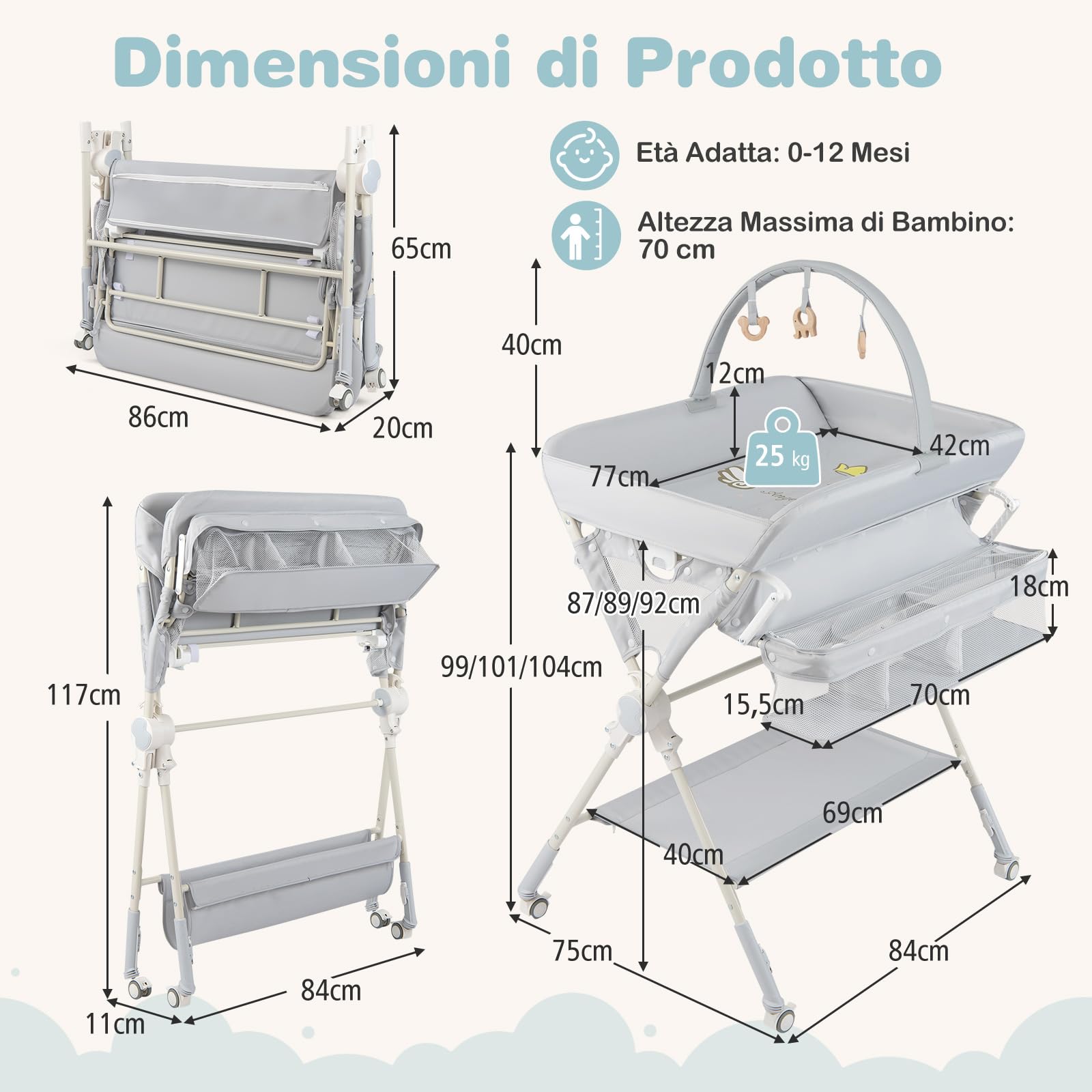 COSTWAY Fasciatoio Pieghevole per Bambini, Fasciatoio Portatile con Ruote, Altezza Regolabile, Piattaforma Rimovibile, con Barra Giocattoli, Stendino, Misuratore, Cestini, Portata 25 kg