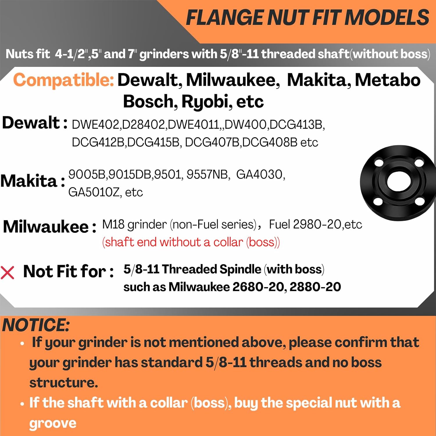 7PCS Angle Grinder Nut & Wrench Kit – 5/8-11 Thread Compatible with Dewalt, Milwaukee, Makita, Ryobi & Bosch 4.5"/5"/7" Grinders – Nut Removal & Wheel/Disc Replacement Tool